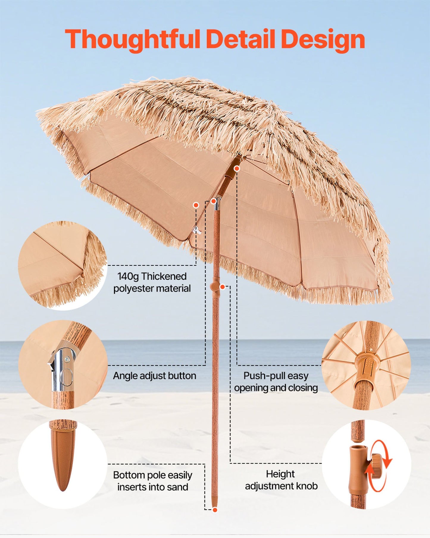 Tiki-parasoll, 1,8 meter stort halmtaksparasoll med lutning, strandparasoll i hawaiisk stil med hållbart PP-halmtak och 8 metallribbor, gräspoolparasoll för strand, uteplats, pool, bakgård och trädgård