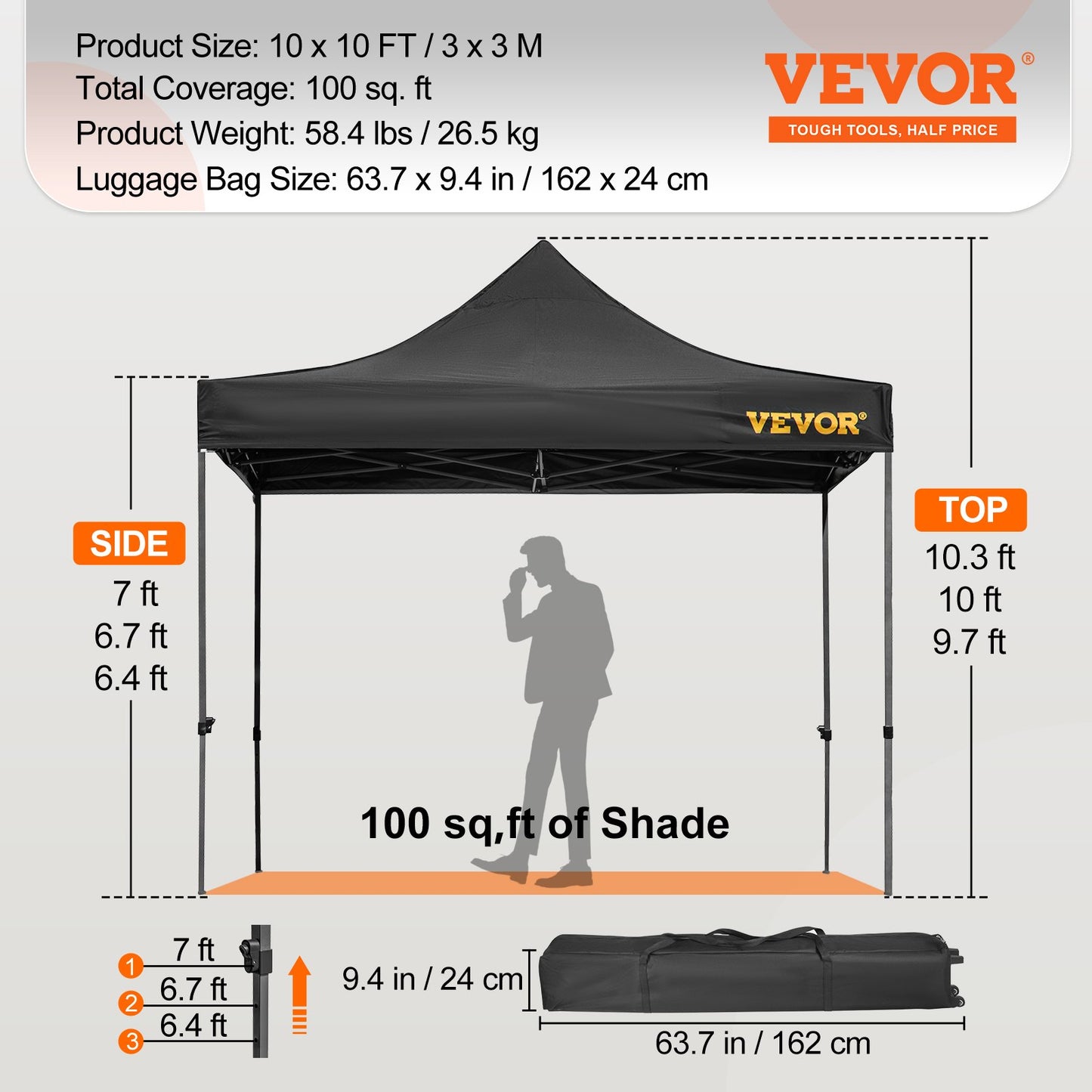 304.8 x 304.8 cm Pop Up Canopy Tent, Outdoor Patio Gazebo Tent with Removable Sidewalls and Wheeled Bag, UV Resistant Waterproof Instant Gazebo Shelter for Party, Garden, Backyard, Black