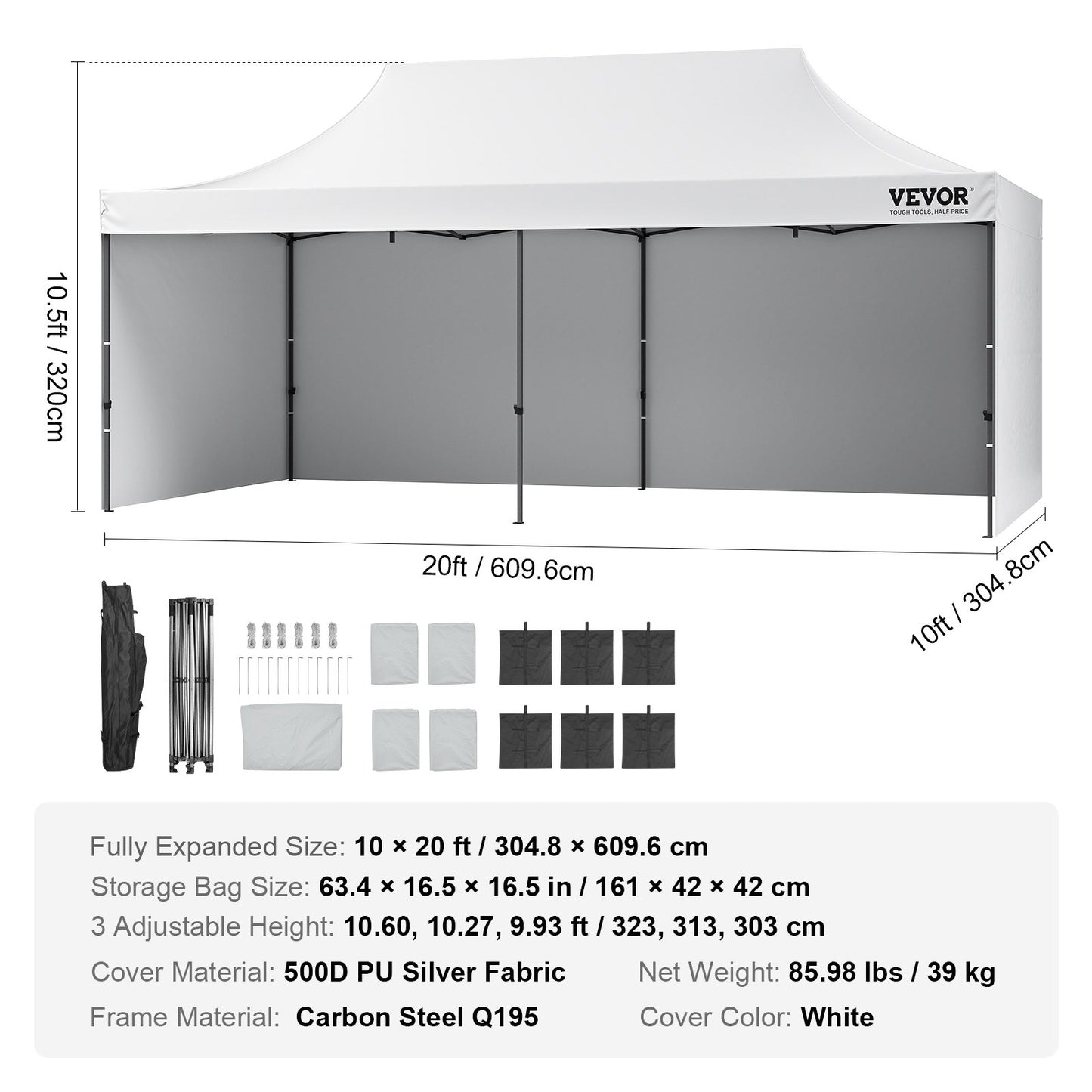 Pop Up Canopy Tent Outdoor Gazebo Tent 3.05 x 6.1 m with Sidewalls & Bag White