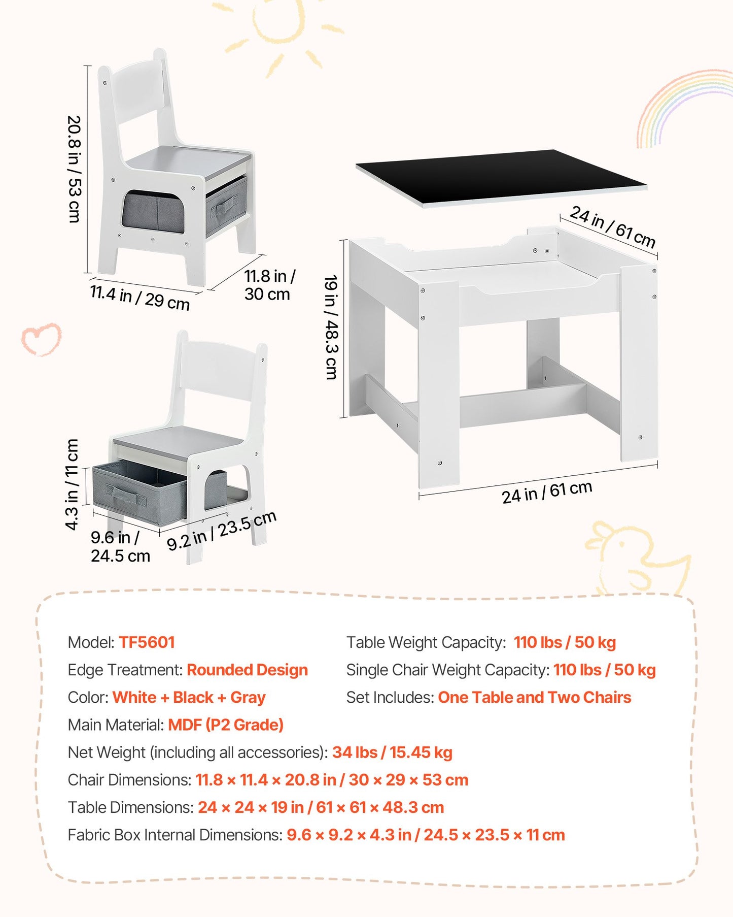 Kids Table and 2 Chairs Set, Toddler Table and Chair Set with Storage Space under the Table, Cloth Storage Box under the Chairs, Wooden Desk for Art, Craft, Reading, Learning, Drawing, White
