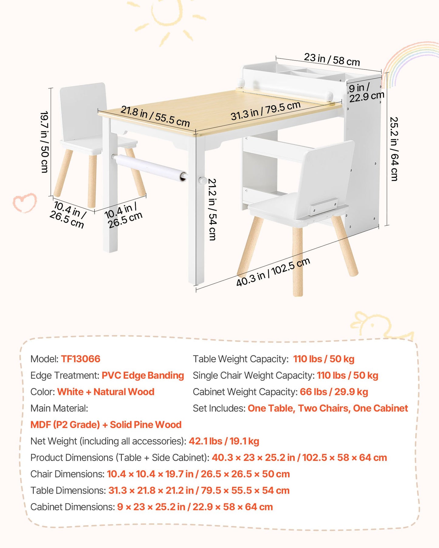 Kids Art Table and Chair Set, Toddler Craft Table with 3 Tiers Storage Cabinet, Wooden Kids Activity Play Desk with 2 Chairs, Art Craft Play Desk for Reading, Learning, Drawing, Writing, White