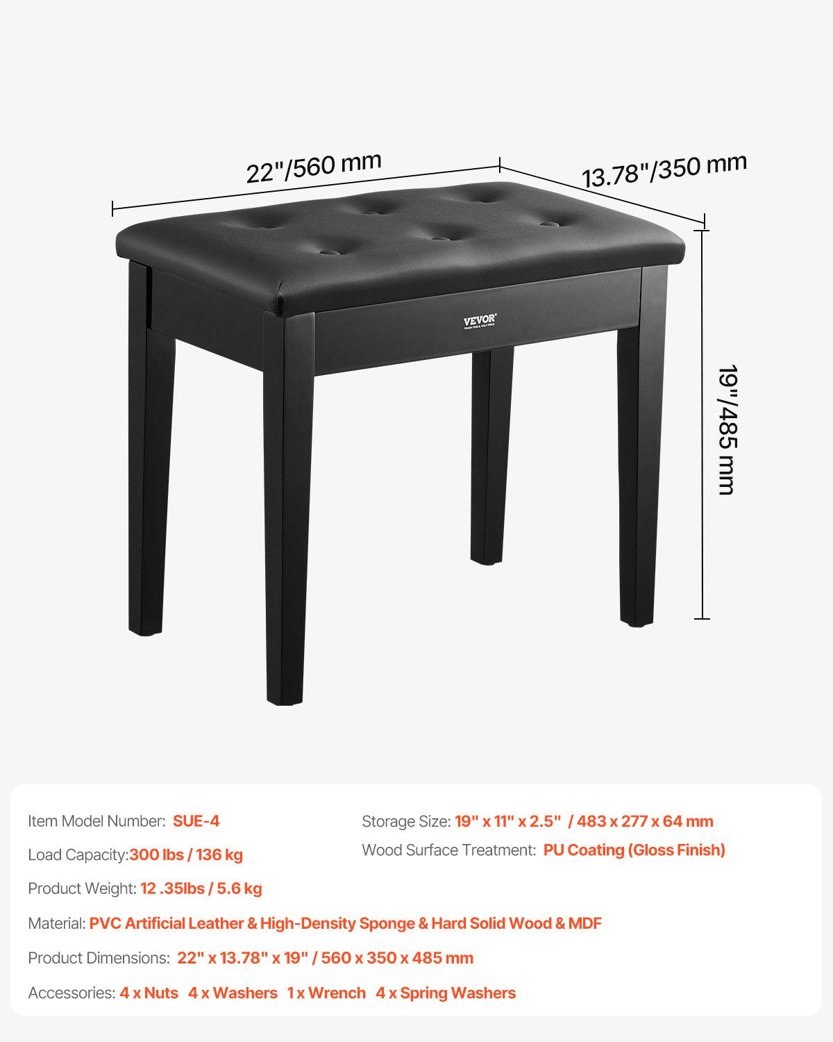 Piano Keyboard Bench Storage Padded Seat Wooden Vanity Bookcase Stool 560x350x485mm