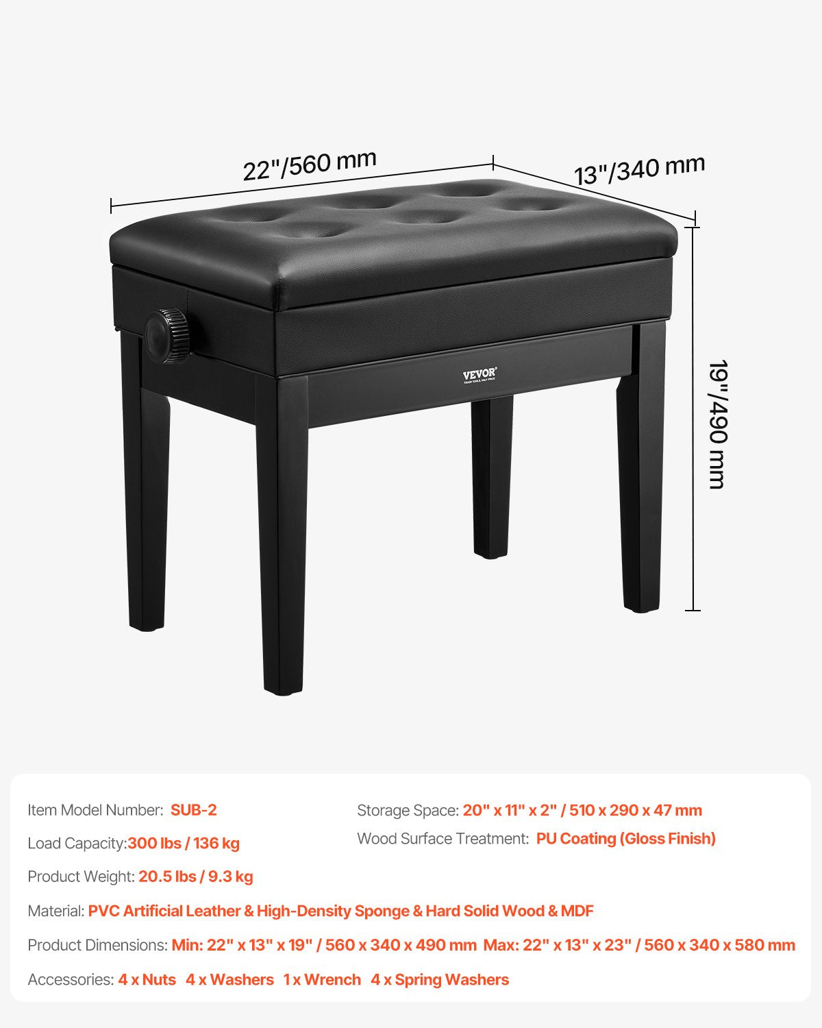 Adjustable Piano Keyboard Bench Storage Padded Seat Wooden Bookcase Stool 56x34x49cm