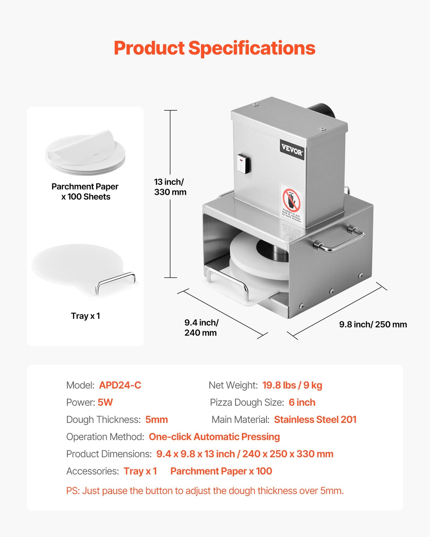 Electric Pizza Dough Press Machine, 6 inch Pizza Pastry Press Plate, Stainless Steel Bread Presser, Adjustable Thickness Commercial Forming Machine, with 100 Pcs Parchment Paper