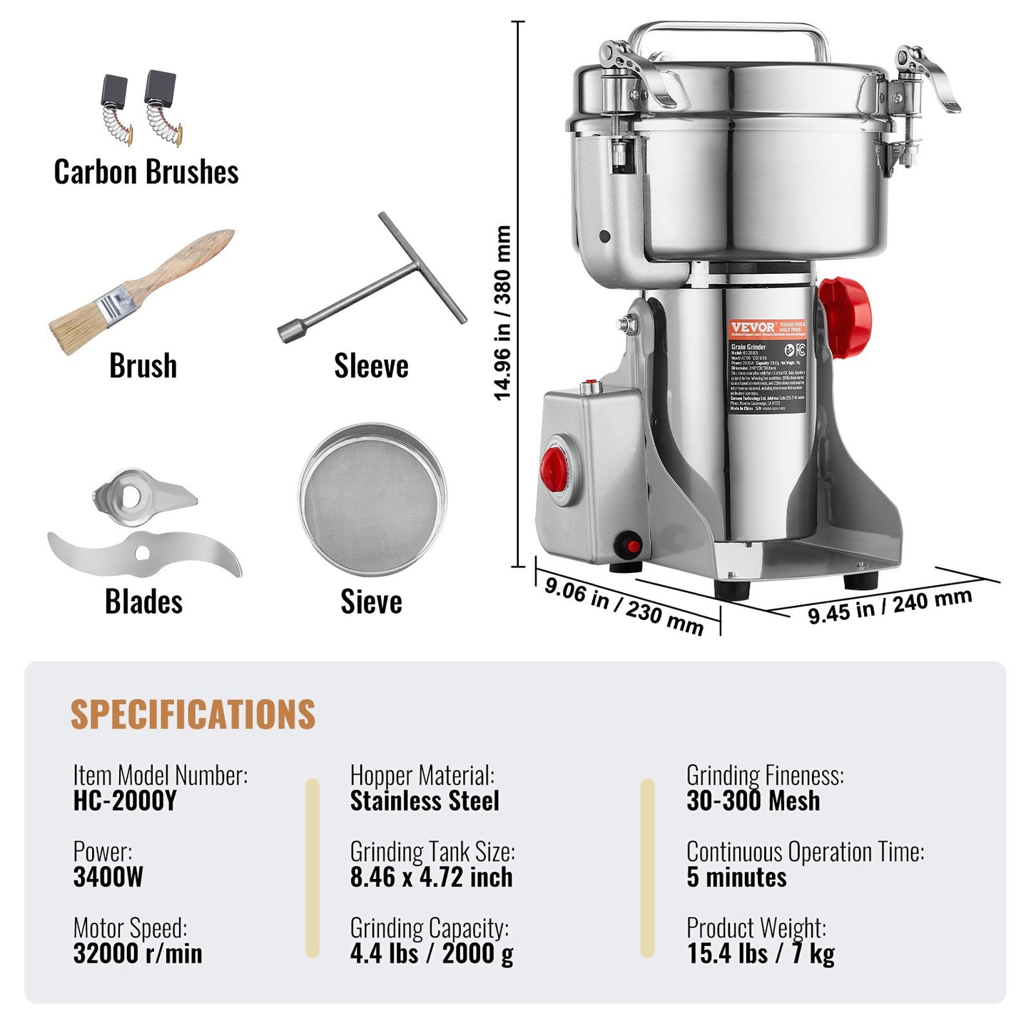 2000g Electric Grain Mill Grinder, High Speed 3400W Commercial Spice Grinders, Stainless Steel Pulverizer Powder Machine, for Dry Grains Spices Cereals Coffee Corn Pepper, Swing Type