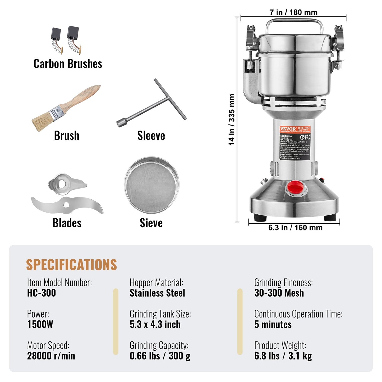 300g Electric Grain Mill Grinder, High Speed 1500W Commercial Spice Grinders, Stainless Steel Pulverizer Powder Machine, for Dry Grains Spices Cereals Coffee Corn Pepper, Straight Type