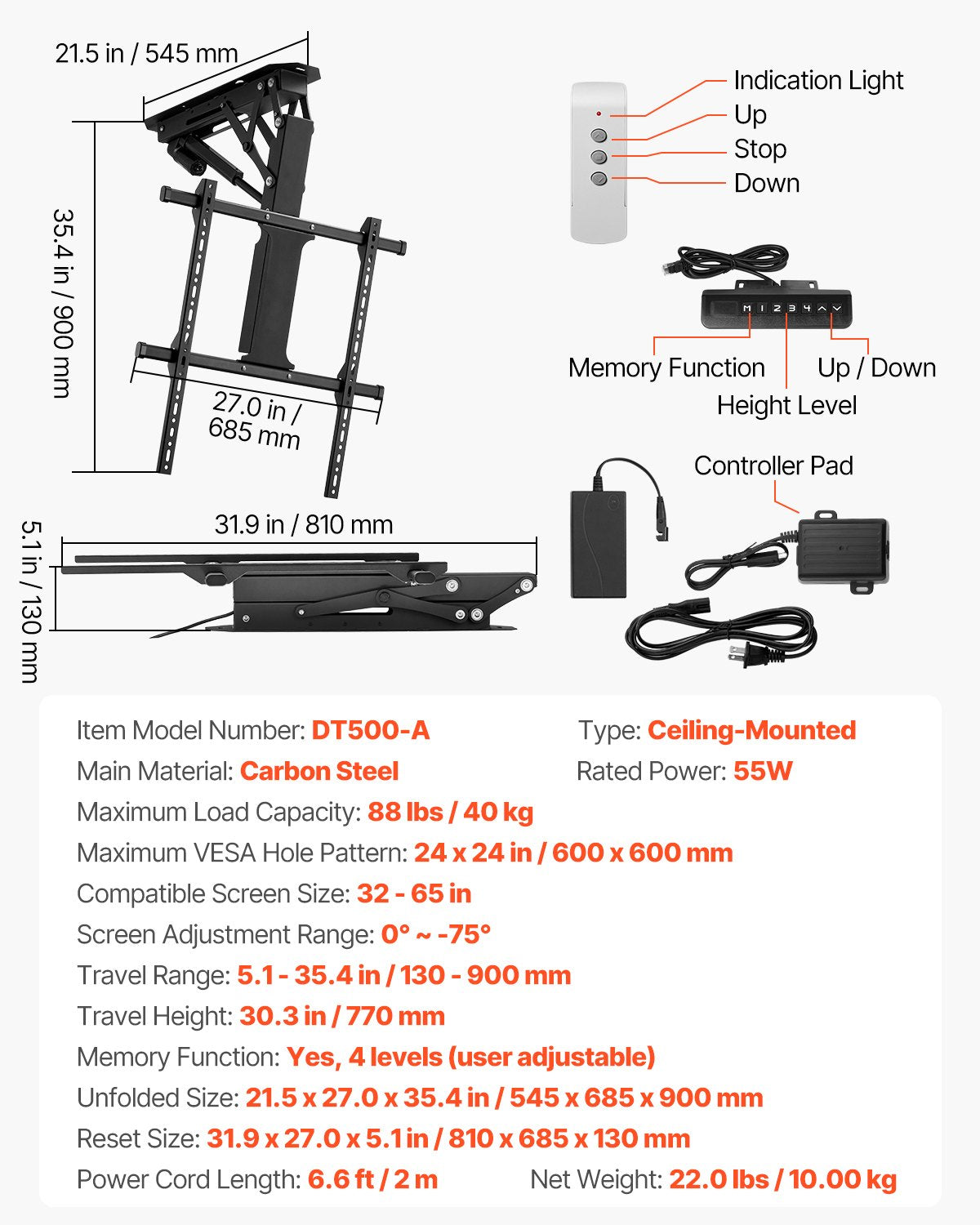 Motorized Ceiling TV Mount, TV Wall Mount for 32 to 65 Inch TV, Electric Adjustable Ceiling TV Mount, Motorized Flip Down TV Mount Bracket with Max VESA 24 x 24 in, Fits TVs Up to 88 lbs