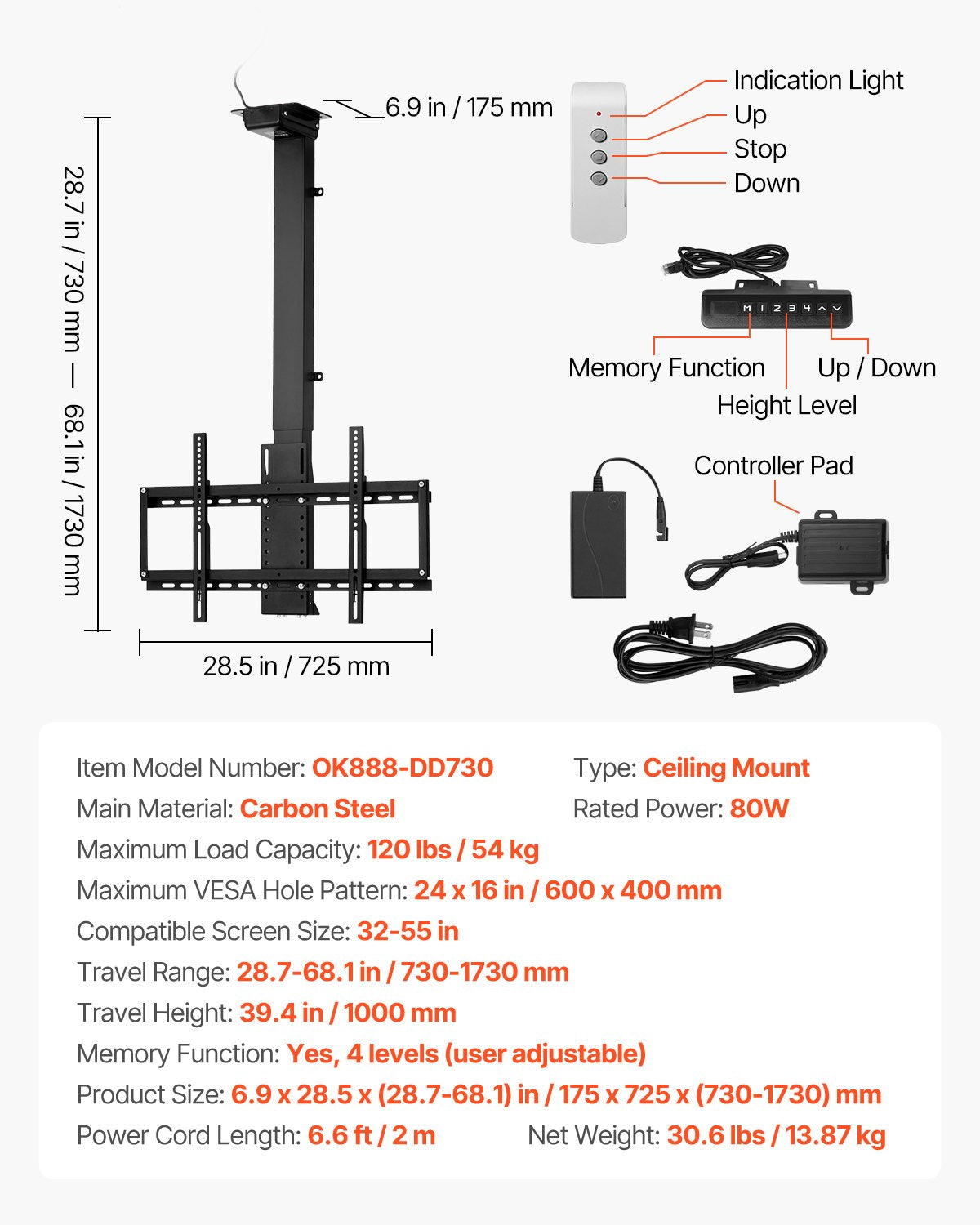 Motorized Ceiling TV Mount, TV Wall Mount for 32 to 55 Inch TV, Electric Adjustable Ceiling TV Mount, Motorized Flip Down TV Mount Bracket with Max VESA 24 x 16 in, Fits TVs Up to 120 lbs