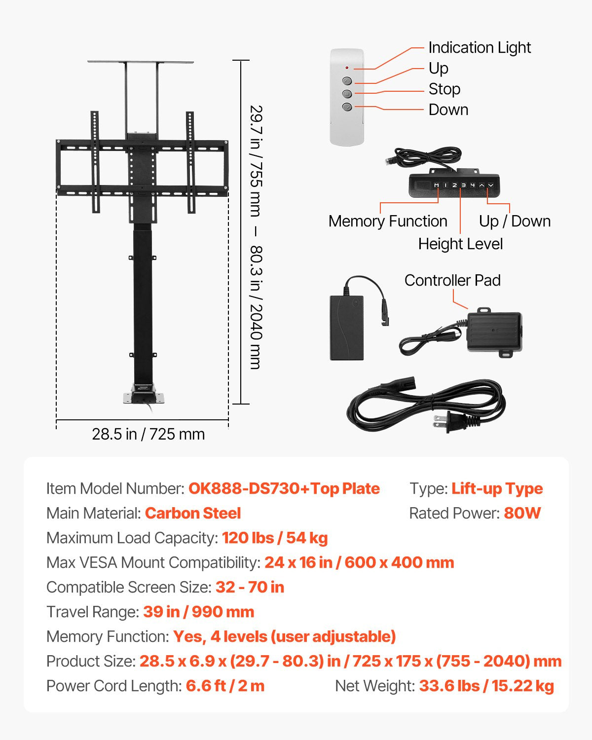 Motorized TV Lift Stand, 32-70 Inch, 120 lbs Max Load, Floor Mount, Supports Most VESA Patterns, Ideal for Offices, Living Rooms & More