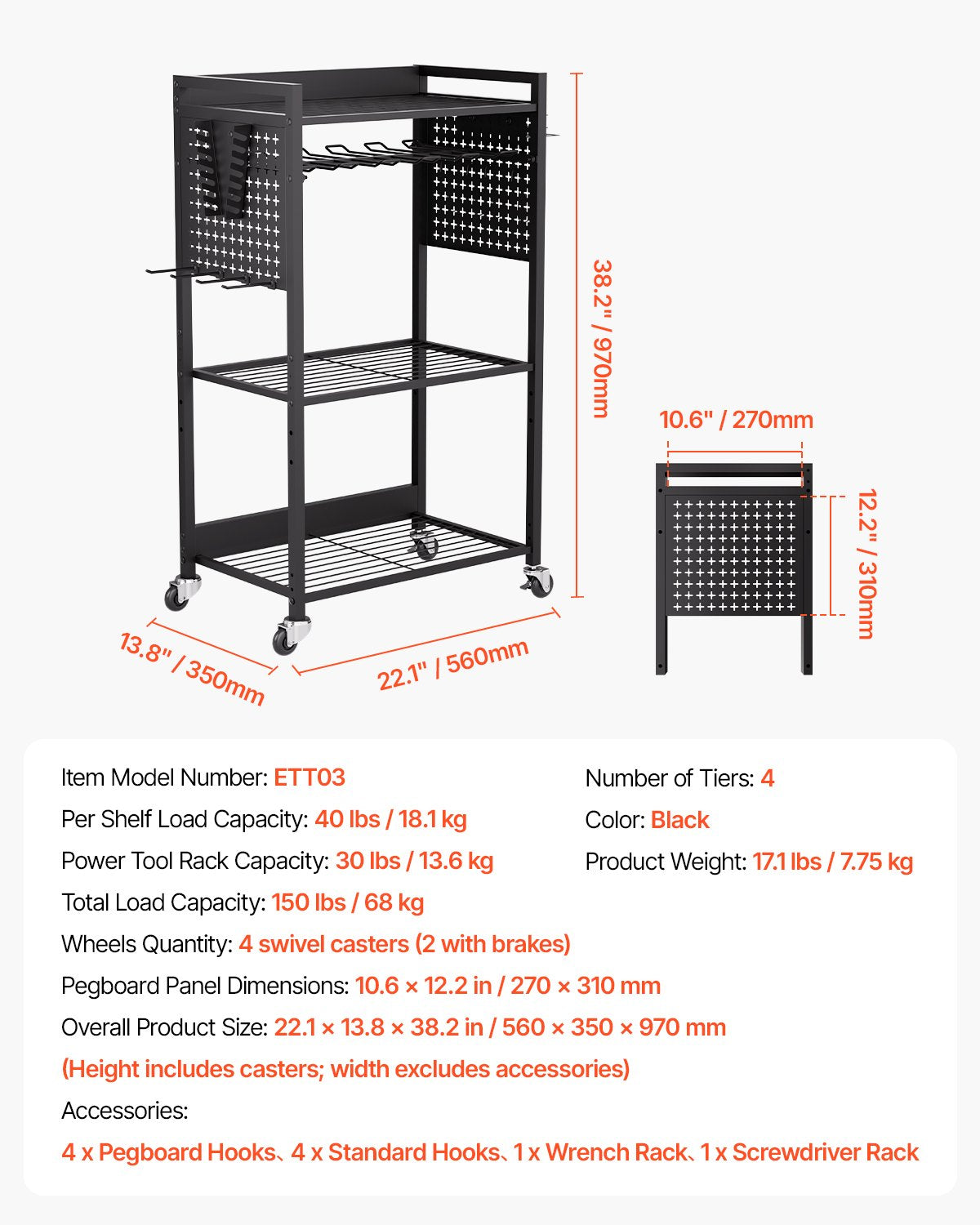 4-tier Tool Organizer Cart, 150 lbs Load Capacity, Floor Stand Rolling Drill Holder and Stability Storage Rack, Heavy Duty Garage Floor Rolling Storage Cart for Workshop, Garage, Black