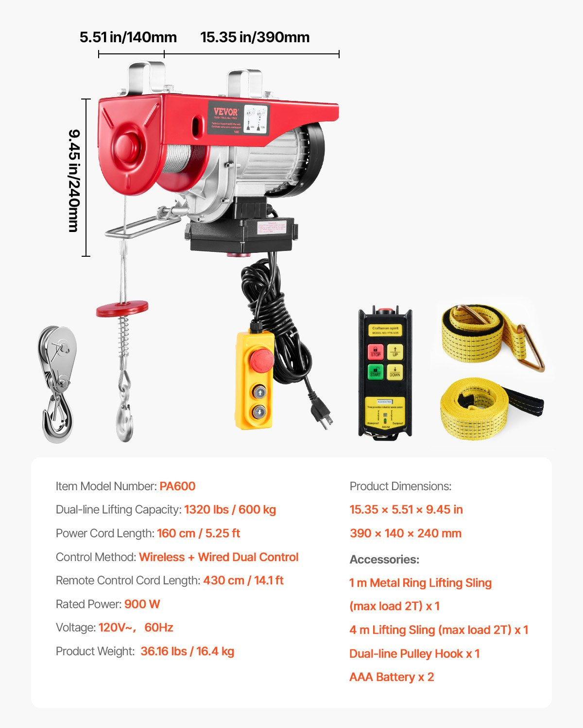 Electric Hoist Crane Winch 598.7 kg 9997.4 cm Wireless & 426.7 cm Wired Remote
