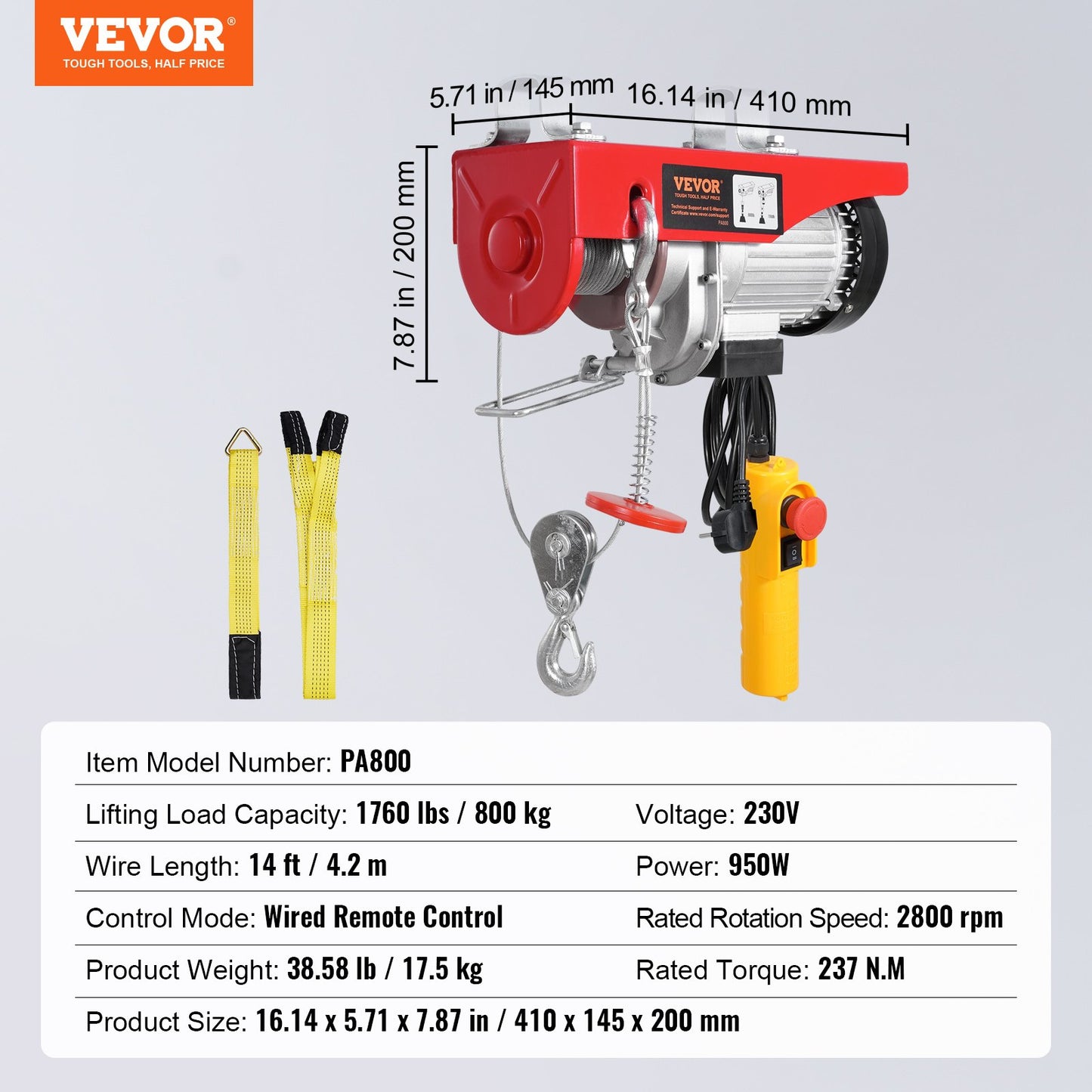 Electric Hoist Crane Winch 798.3 kg with 426.7 cm Wired Remote Control 230V