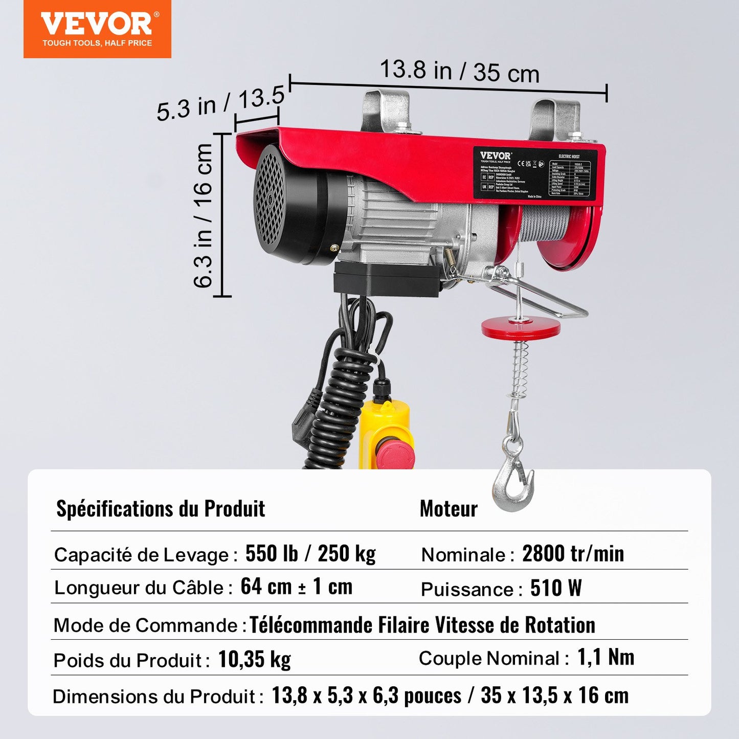 Electric Hoist, 249.5 kg Lifting Capacity, 510W 220V Electric Steel Wire Winch with 427 cm Wired Remote Control, 1219 cm Single Cable Lifting Height & Pure Copper Motor, for Garage Warehouse Factory