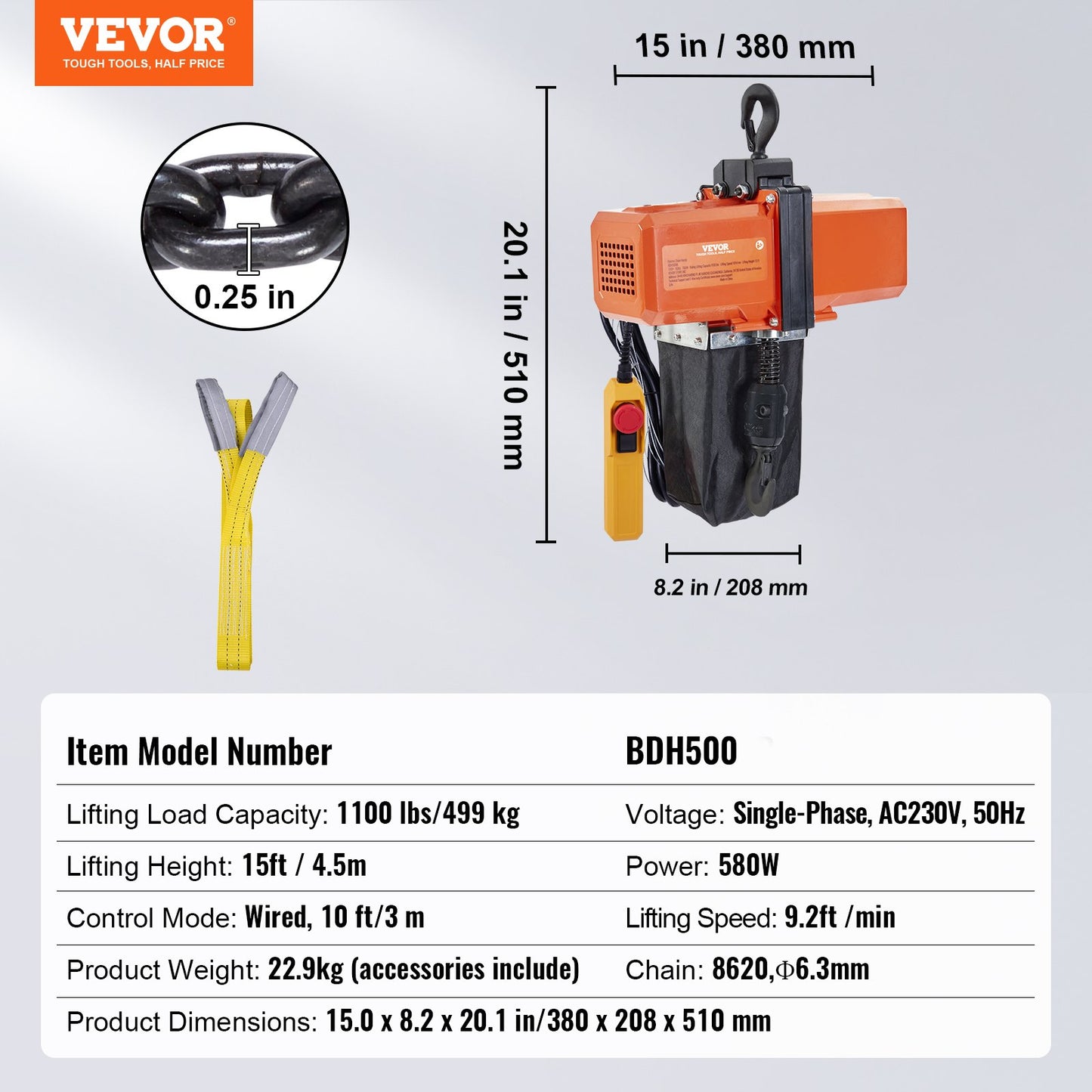 Electric Chain Hoist Single Phase Crane Hoist 499 kg Load 457.2 cm Lifting