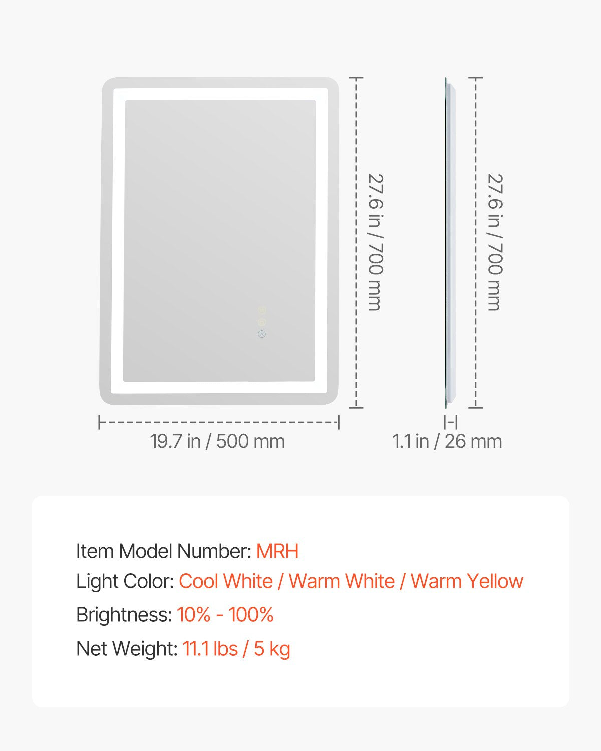 LED Bathroom Mirror, 50 x 70 cm LED Bathroom Vanity Mirror with Frontlit and Backlit, Anti-Fog Memory Mirror with Lights, Stepless 3 Colors Temperature Dimmable Bathroom Mirror, Wall Mounted