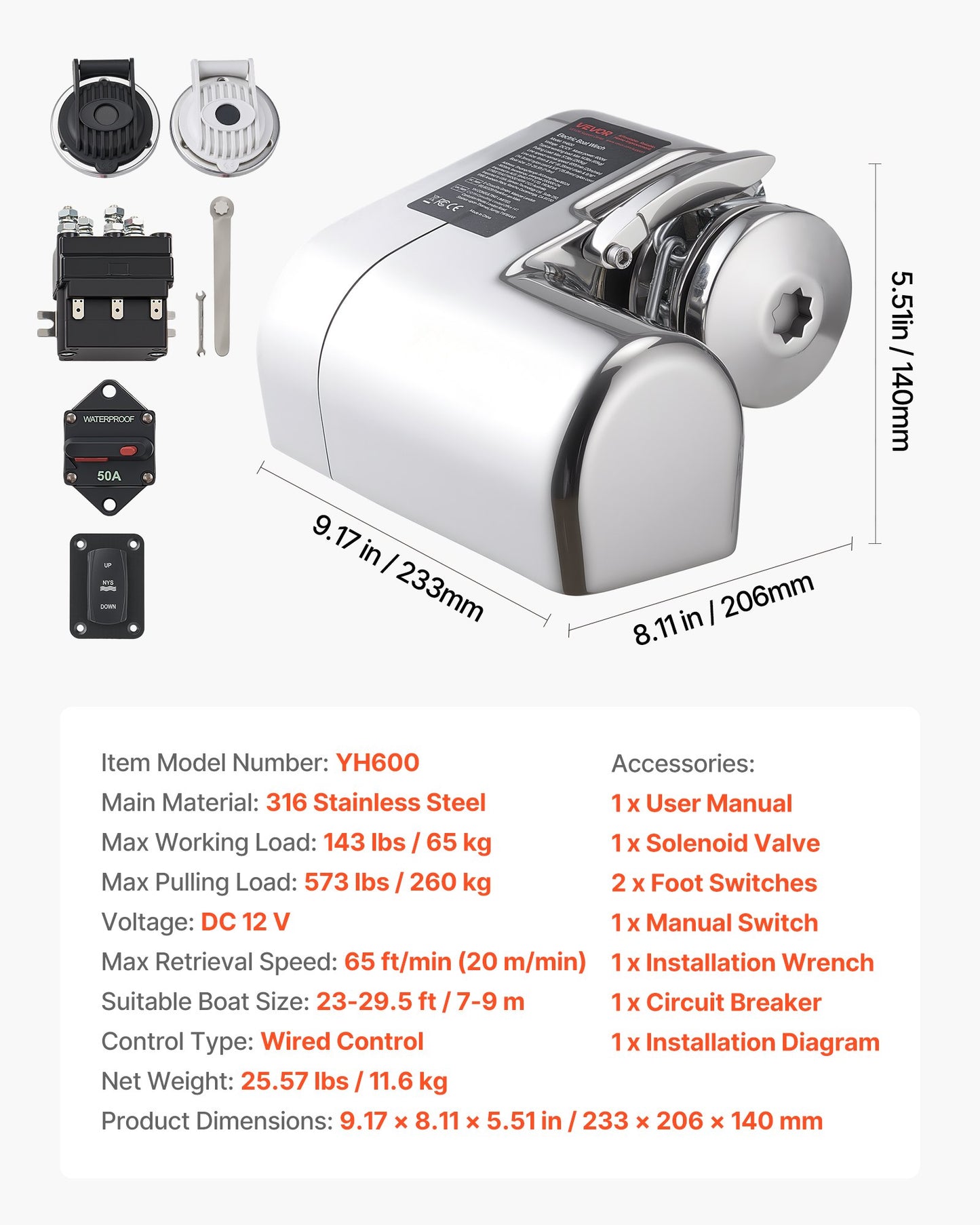 Horizontal Fishing Windlass, 12V DC 600W, Windlass Anchor Systems Fit for 6.35 mm Chain or 14.3 & 15.9 mm Nylon Rope, Max Pull 260 kg, 316 Stainless Steel Construction, for Boats 7-9 m