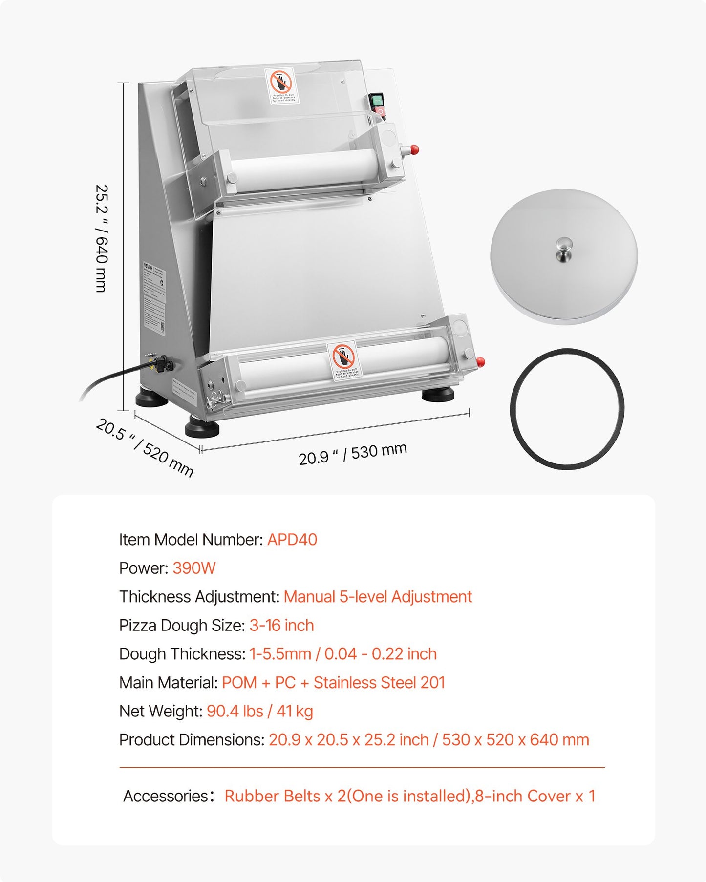 Pizza Dough Roller Sheeter, 3-16 Inch Semi-automatic Stainless Steel Pizza Press, Commercial Electric 390W Pasta Maker Machine, 260 pcs Per Hour, Adjustable Thickness, with Dough Press Lid