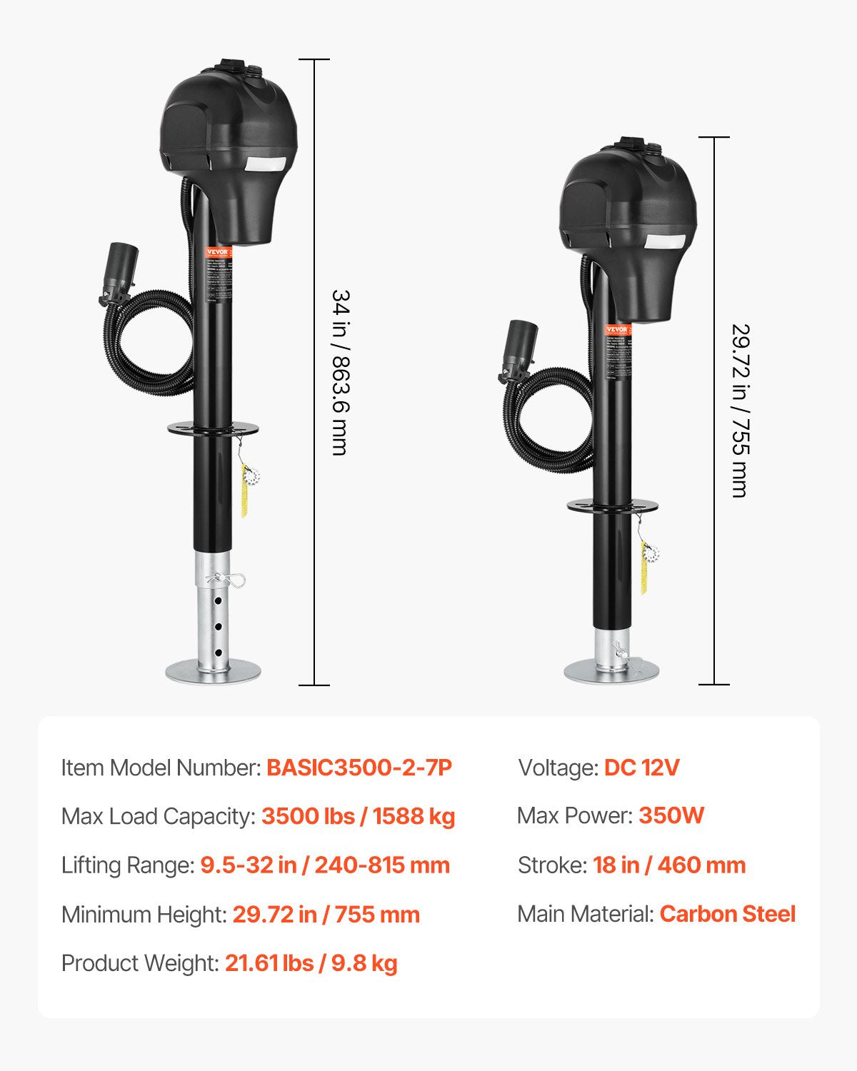 Elektrisk släpvagnsdomkraft, 1470 kg, Kraftig elektrisk domkraft för husbilar med 7-polig kontakt, manuell vev och väderbeständig domkraftsskydd, 23-61 cm lyft, för släpvagnar, husbilar och husbilar, svart