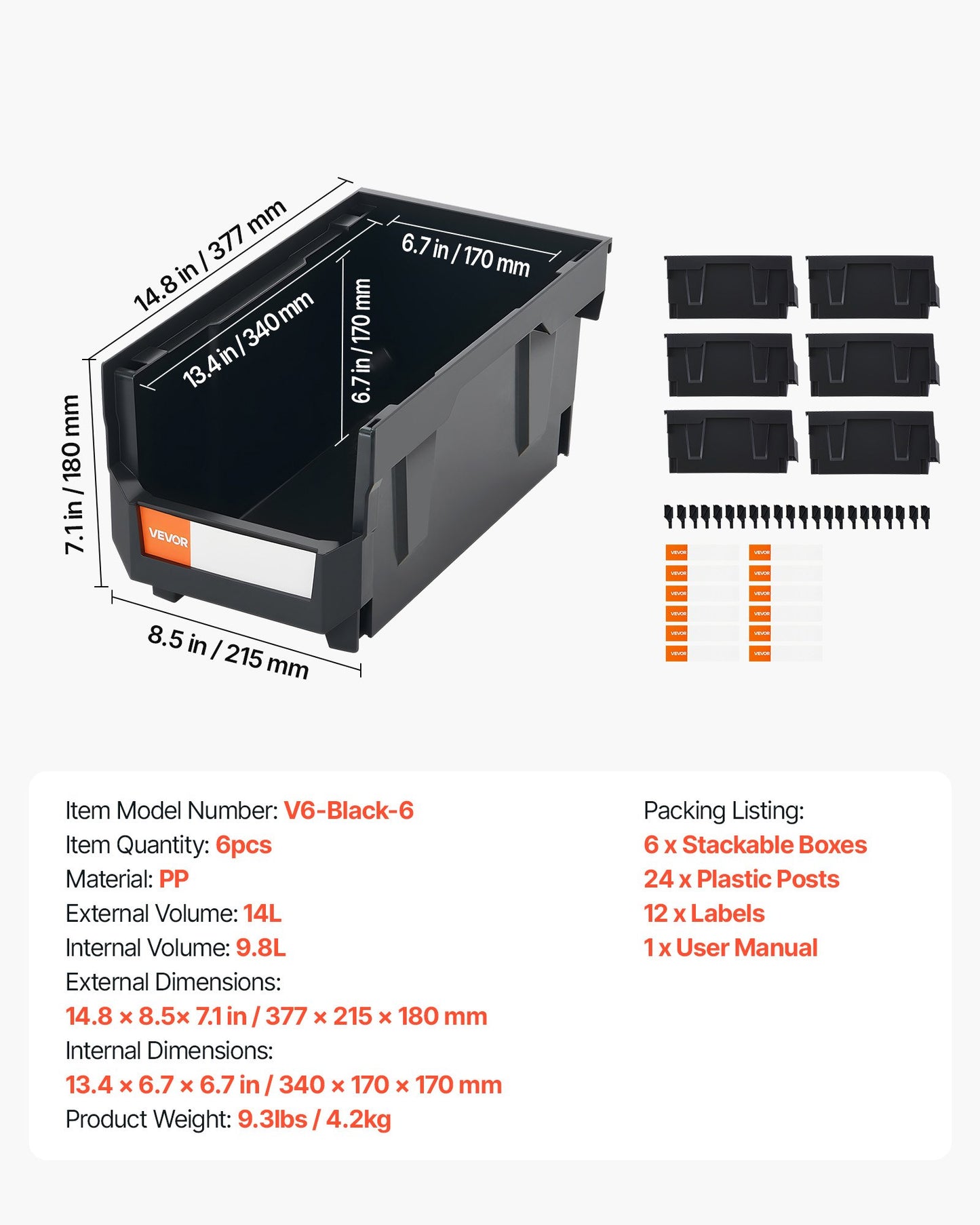 Plastic Stackable Storage Bins, 37.7 x 21.5 x 18 cm (6 Pack), Plastic Containers for Organizing and Storage Bins for Closet, Garage, Small Parts, Office Supplies and Other Accessories, Black