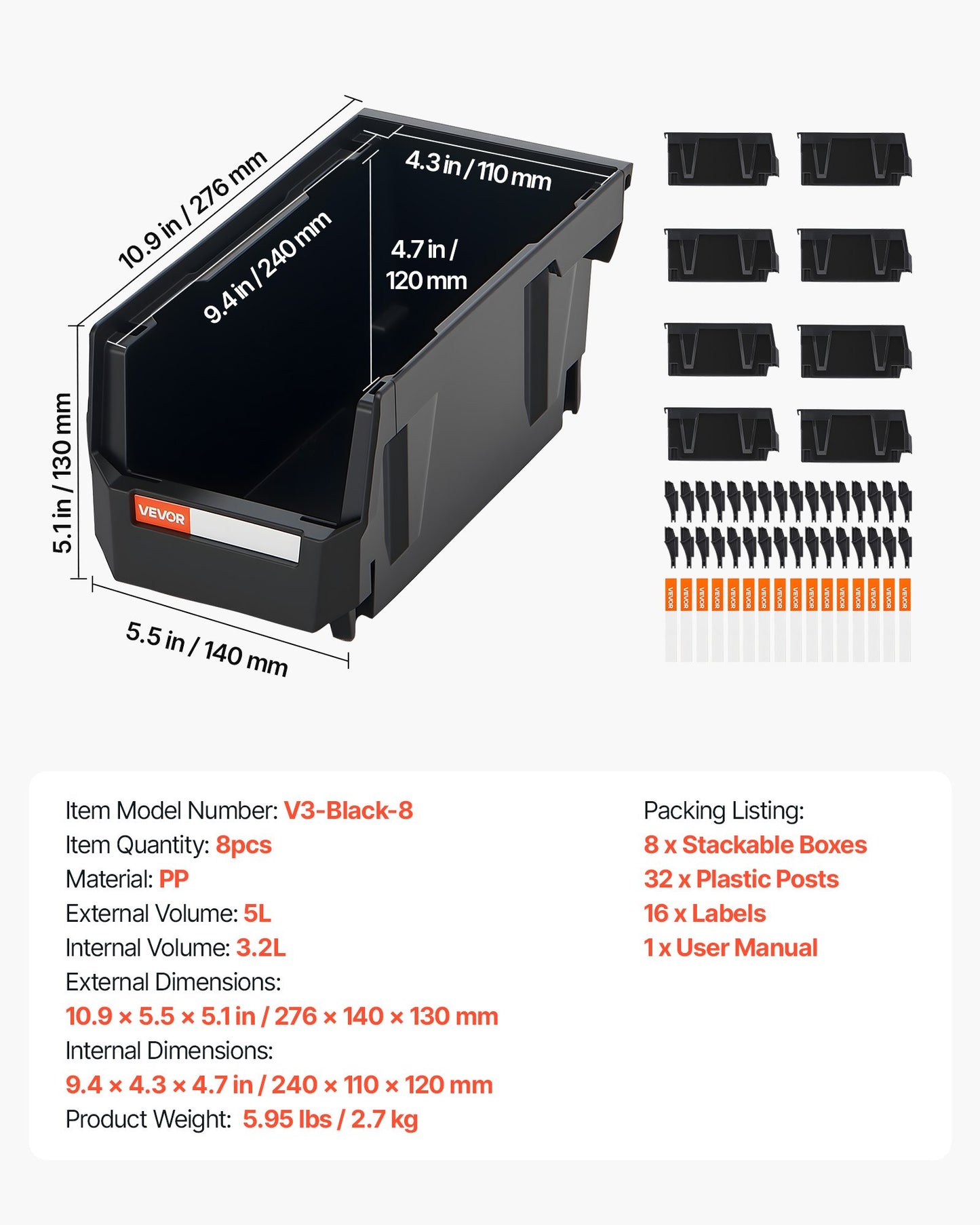 Plastic Stackable Storage Bins, 27.6 x 14 x 13 cm (8 Pack), Plastic Containers for Organizing and Storage Bins for Closet, Garage, Small Parts, Office Supplies and Other Accessories, Black