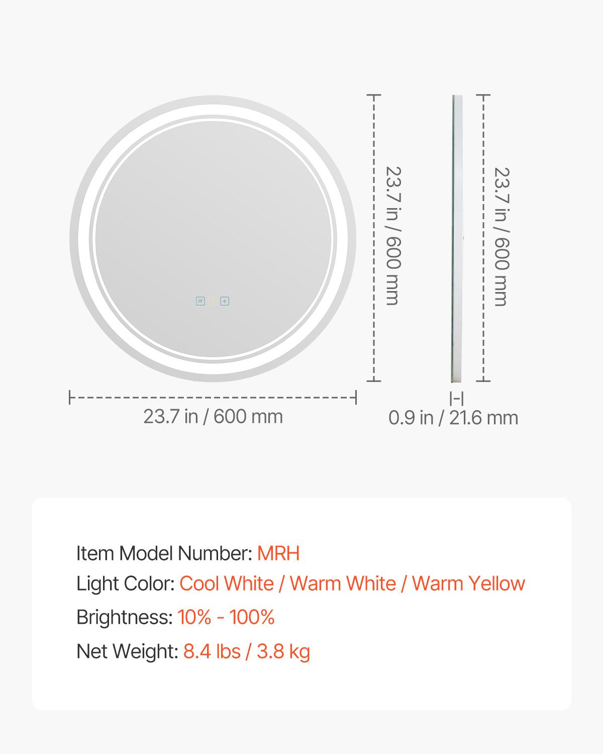LED-badrumsspegel, 60 cm rund LED-badrumsspegel med frontbelysning och bakgrundsbelysning, imfri spegel med minne och belysning, steglöst dimbar badrumsspegel med 3 färger, väggmonterad
