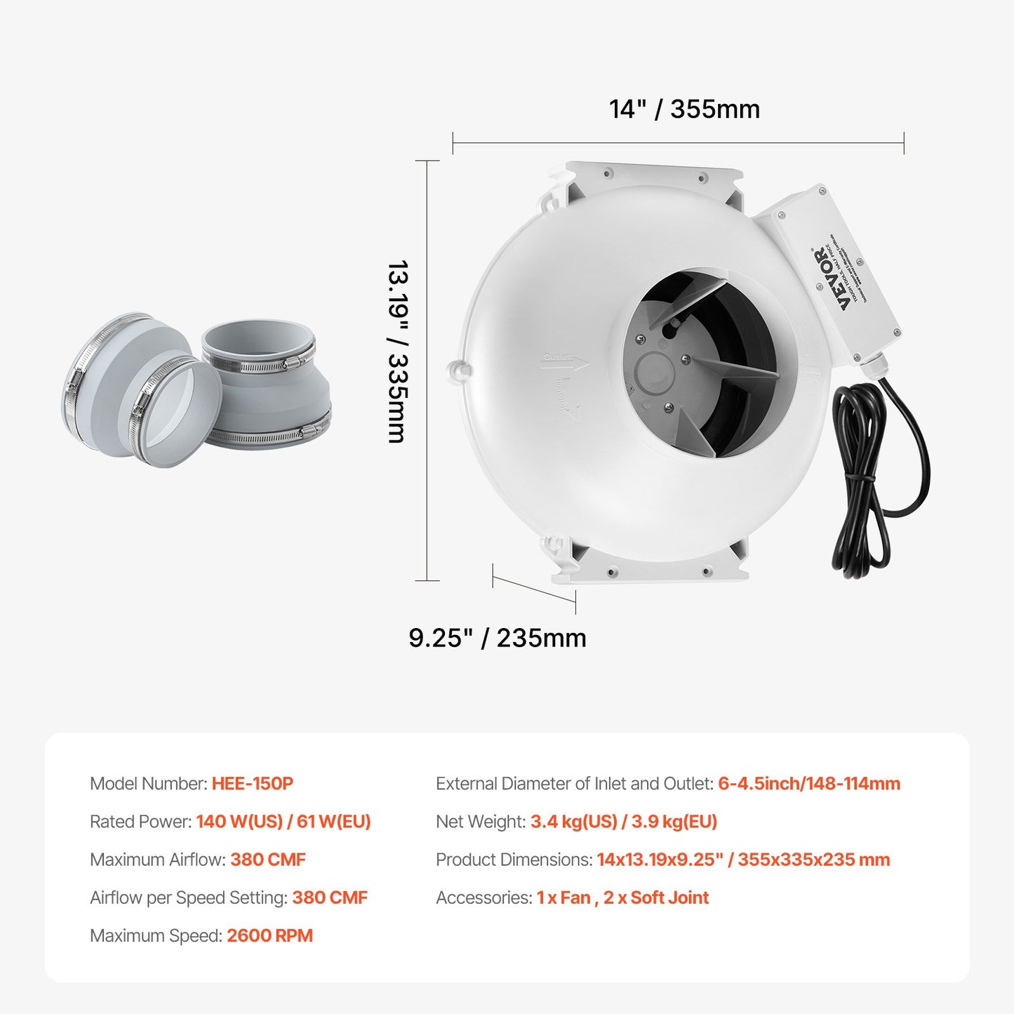 4 to 4.5 inch Radon Mitigation Fan System, Quiet 380 CFM Radon Mitigation Kit with 2 Couplers, Waterproof Radon Fan Electric Inline Duct Fan Exhaust Fan for Indoor Outdoor Ventilation
