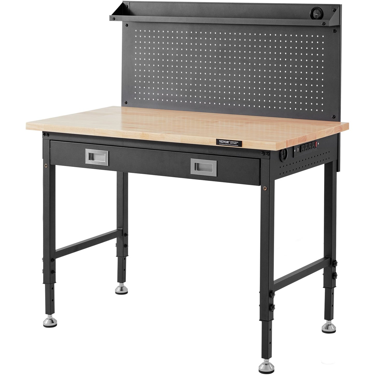 Arbetsbänk Justerbar höjd 68-91 cm Arbetsbänk för garage Ekplanka och kolstål Kraftig arbetsbänk 900 kg Viktkapacitet Bänkskiva Storlek 112x61 cm Arbetsbänk i trä 3 m kabel 30 krokar