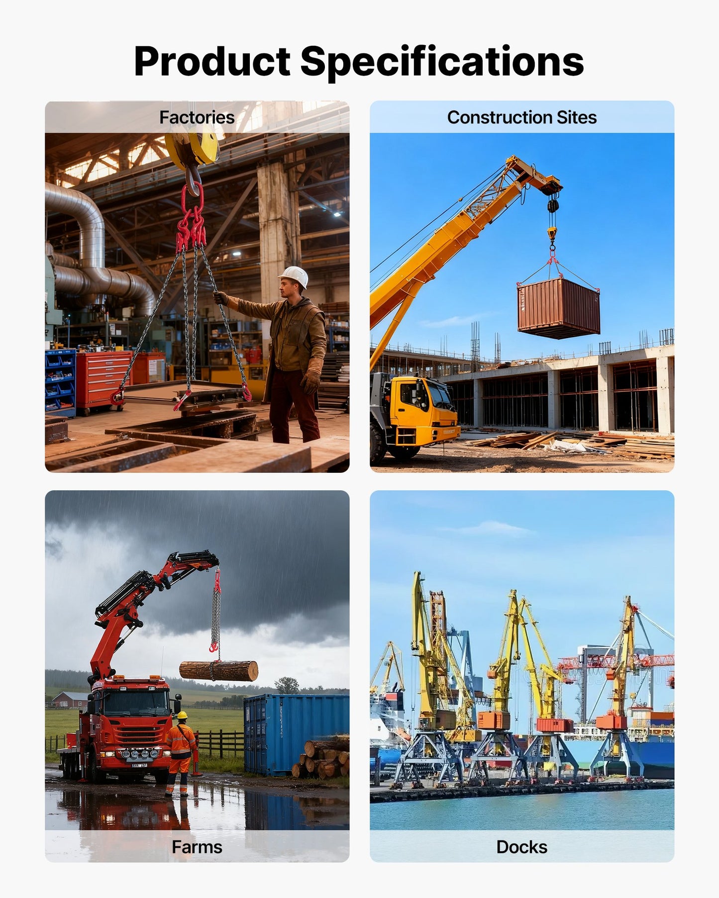 Chain Sling, 10mm x 3 m Lifting Chains with 4 Leg Grab Hooks, Heavy Duty G80 Alloy Steel Lifting Sling, 10.4 Ton Capacity, Adjustable Engine Chain Hoist Lifts for Cargo Security Towing