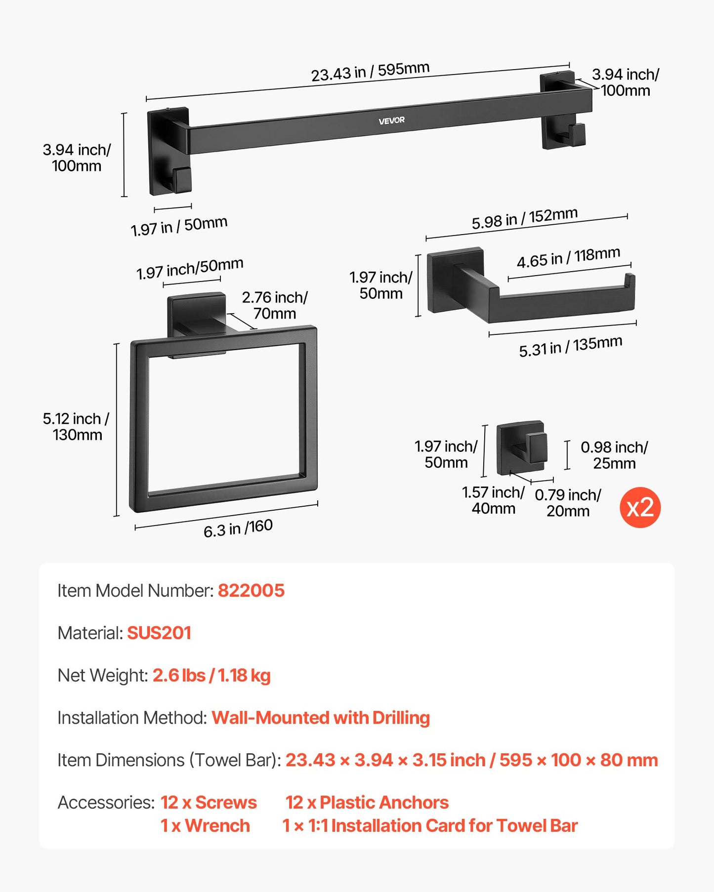 Mattsvart badrumsset, 5 delar badrumstillbehör i rostfritt stål, 24-tums handdukshängare, handduksställ, 2 badrockskrokar, toalettpappershållare, för badrum, väggmonterad