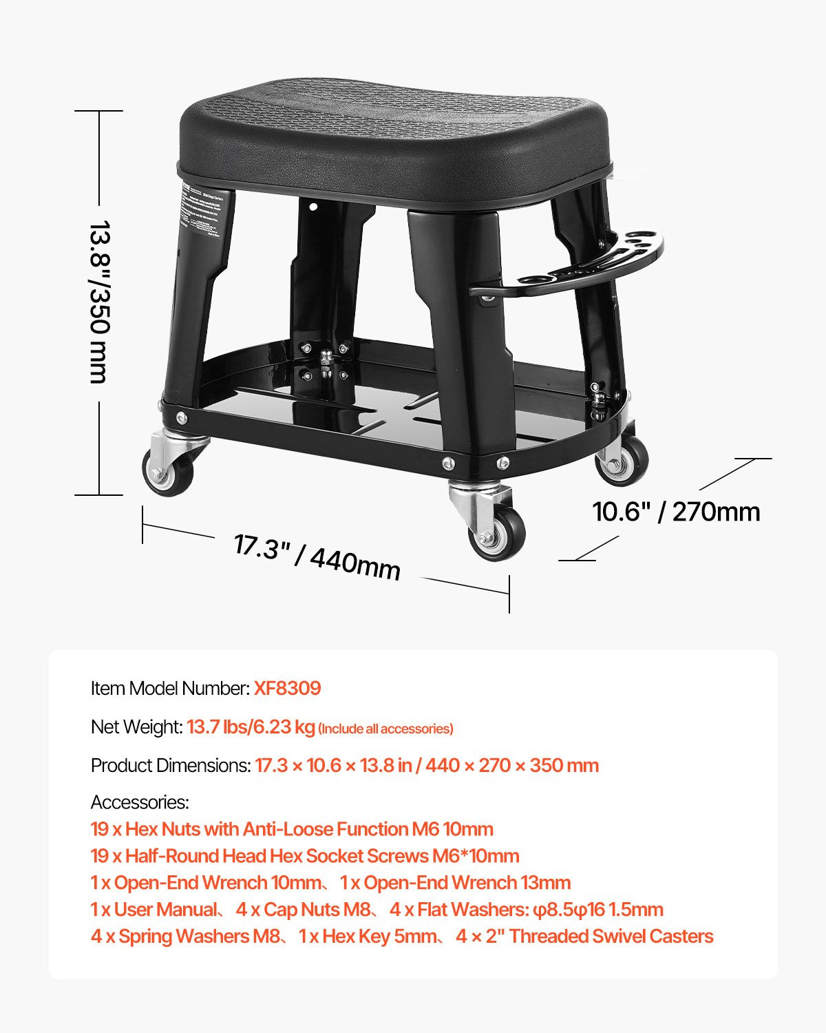 Mechanic Stool, 300 lbs Capacity Garage Seat/Work Stool with Wheels, 360° Swivel Rolling Workshop Stool with Tool Tray and Screwdriver Rack, Heavy-Duty, for Garage, Shop & Auto Repair, Black