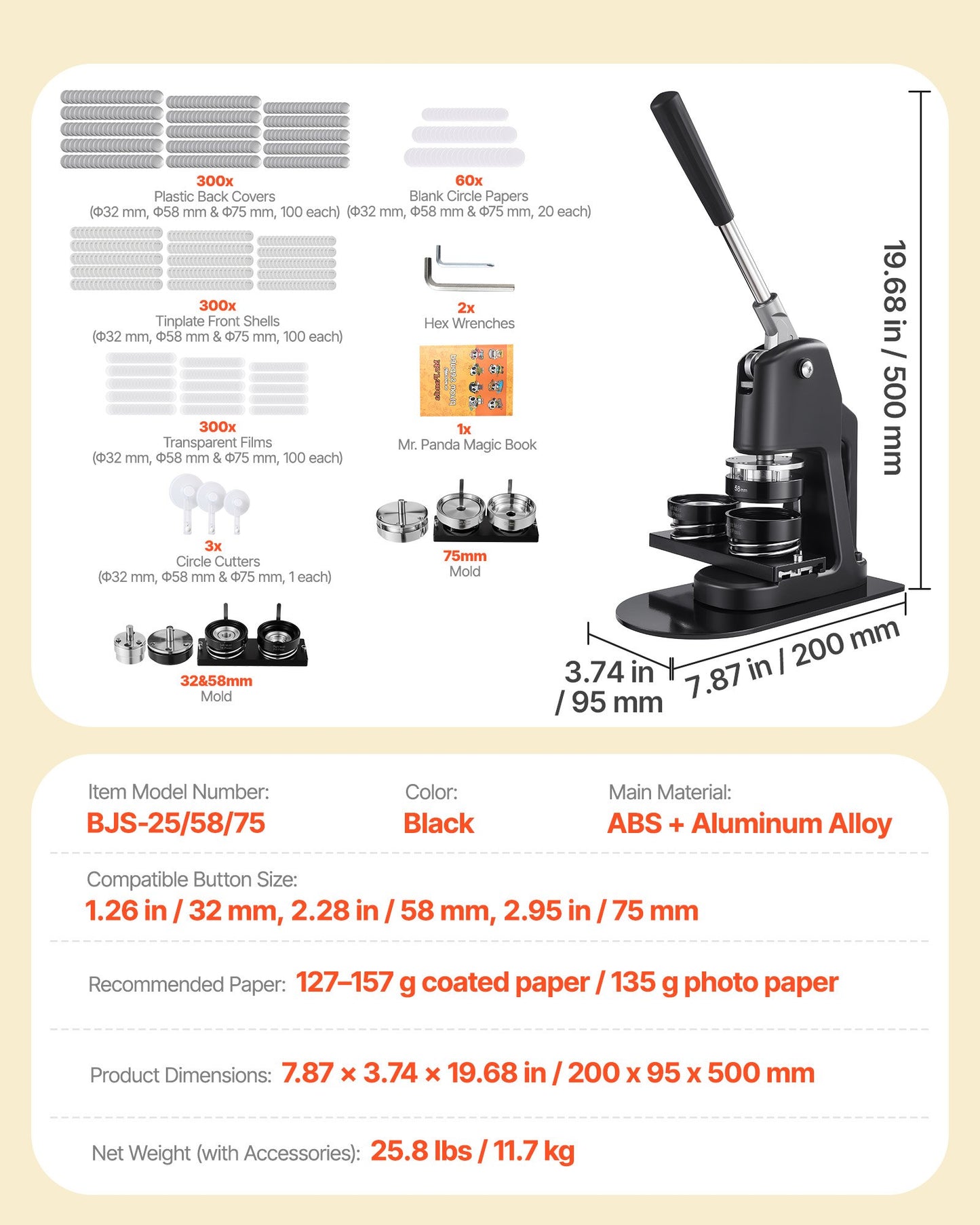 Button Maker Machine, 32/58/75 mm 3-in-1, Plastic Pin Maker with 300pcs Button Parts, Circle Cutter and Magic Book, Reinforced Ergonomic Handle, for DIY Badges, Personalized Pins, Black