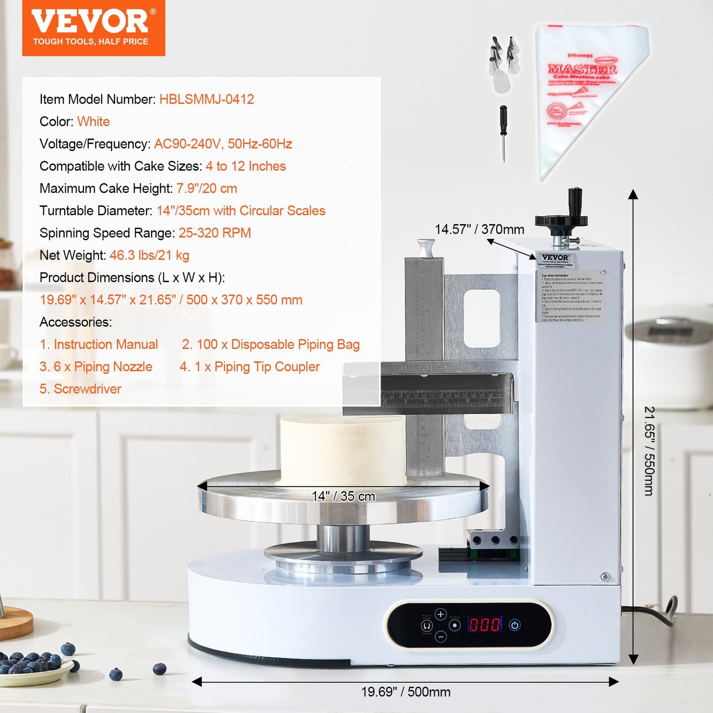 Cake Decorating Machine, Cake Cream Spreading Coating Smearing Machine, Low Noise Cake Frosting Machine, Turntable with Adjustable Scraper, for 4" to 12" Cake, 25-320RPM Rotating Speed, White