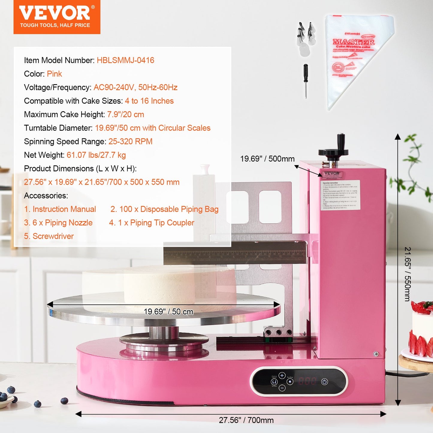 Cake Decorating Machine, Cake Cream Spreading Coating Smearing Machine, Low Noise Cake Frosting Machine, Turntable with Adjustable Scraper, for 4" to 16" Cake, 25-320RPM Rotating Speed, Pink