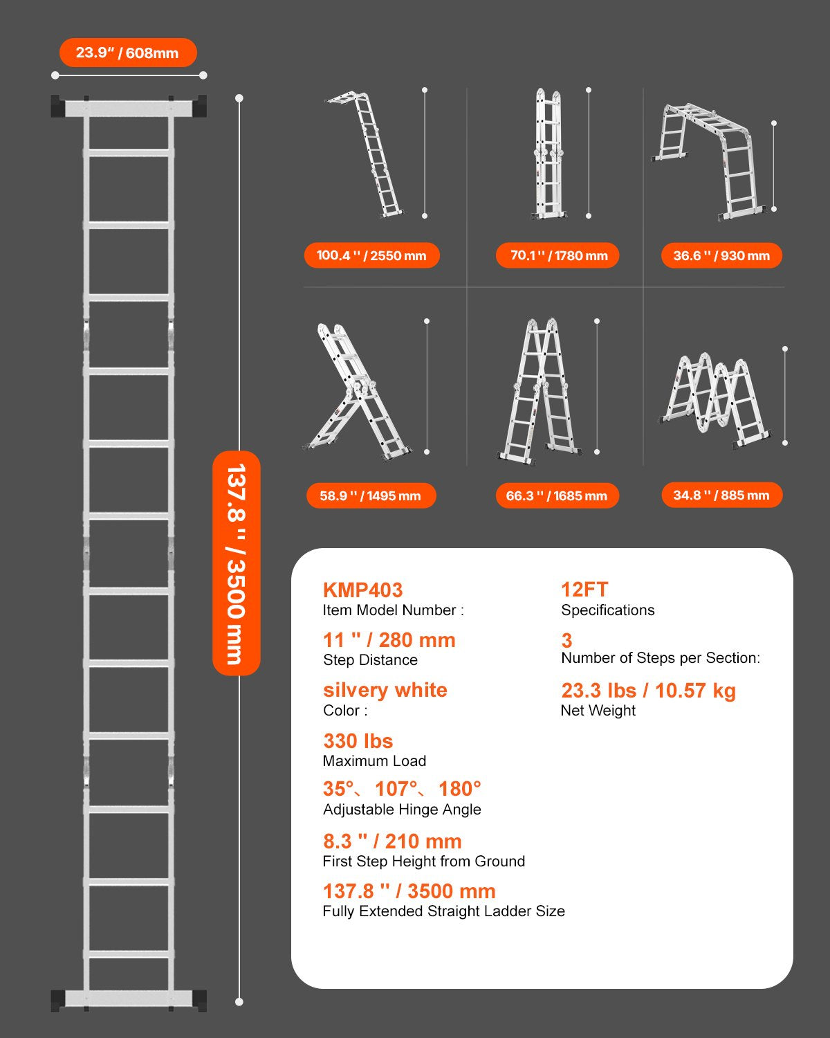 Hopfällbar stege för flera ändamål, 7-i-1 hög stege, justerbar teleskopstege med A-ram och 3 steg, kraftig förlängningsstege med räckvidd och 3,6 meter, kapacitet 150 kg för utomhusarbete i hushållet