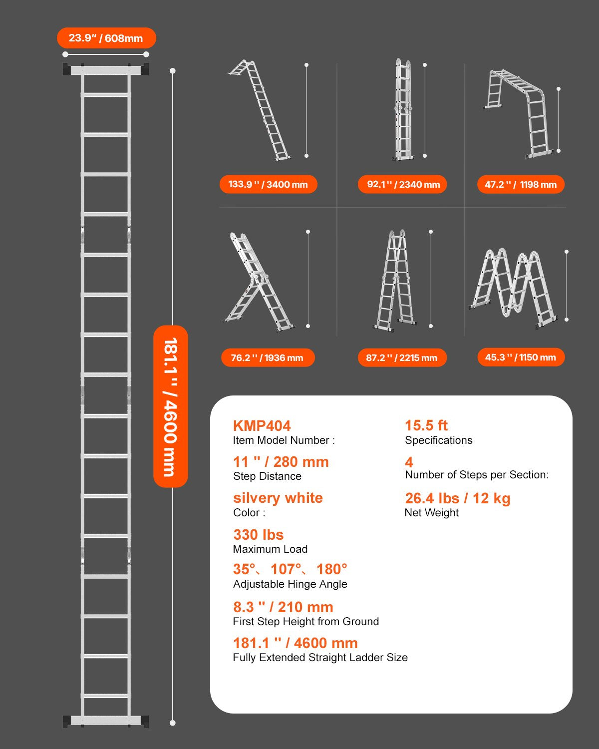 Hopfällbar stege för flera ändamål, 7-i-1 hög förlängningsstege, teleskopstege med A-ram och 4 steg, justerbar stege med räckvidd på 15,5 fot, 15,5 fot, kapacitet 330 lbs för hemmabruk och utomhusbruk