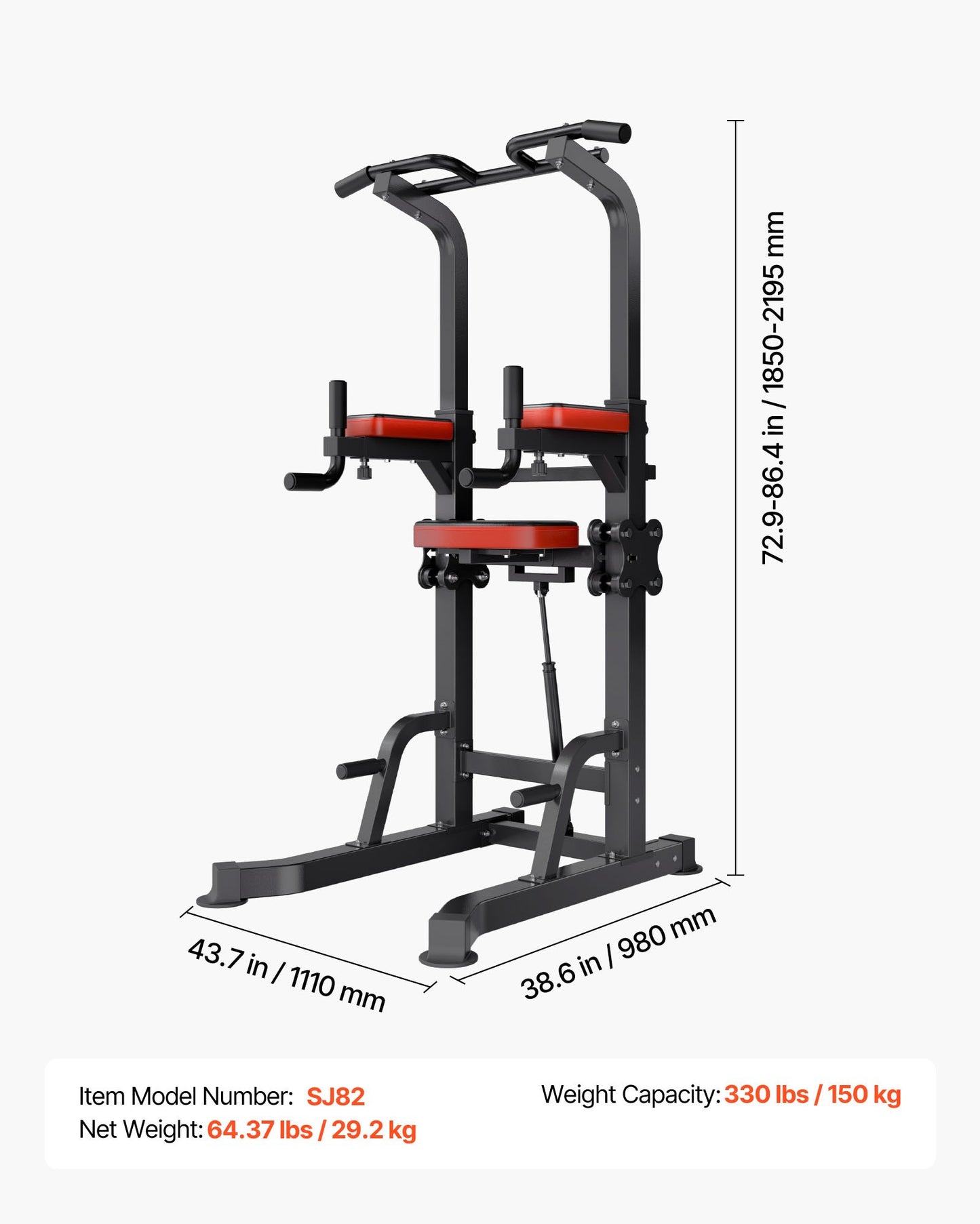 Pull Up Bar, 150kg Power Tower Dip Station, Workout Dip Station with H-Shaped Stable Base & Assistance Platform, Adjustable 9 Level Height Pullup Stand for Back, 3-Level Adjustable Elbow Pads