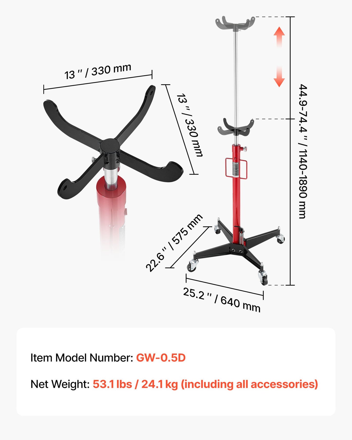 Hydraulisk domkraft, 1100 lbs / 0,5 ton lyftkapacitet Teleskopisk domkraft med fotpedal, 360° svängbart hjul, 112-187 cm hög lyfthöjd, lyftanordning för garage/verkstad