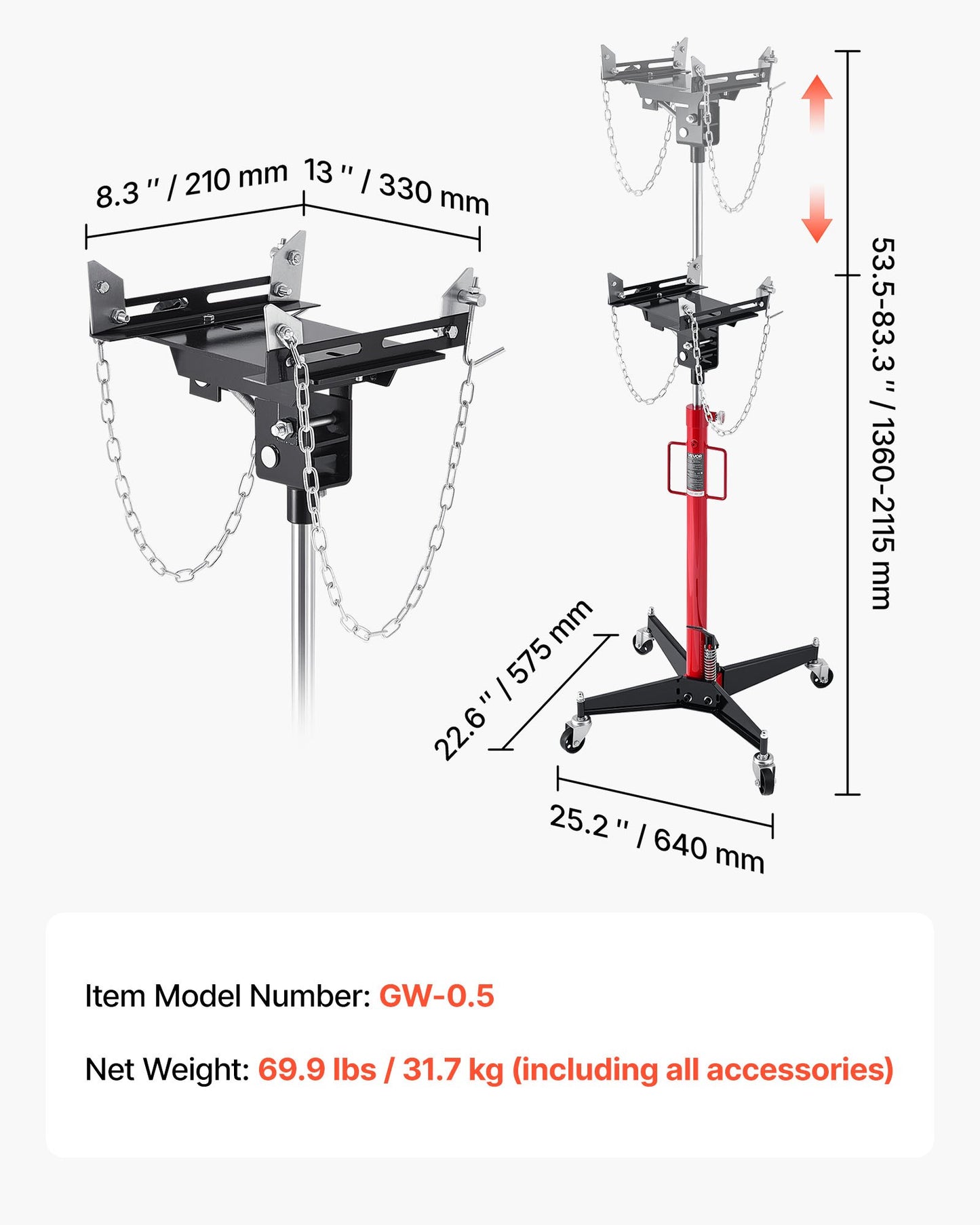 Hydraulisk domkraft, 1100 lbs / 0,5 ton lyftkapacitet Teleskopisk domkraft med fotpedal, 360° svängbart hjul, 127-202 cm hög lyfthöjd, lyftanordning för garage/verkstad
