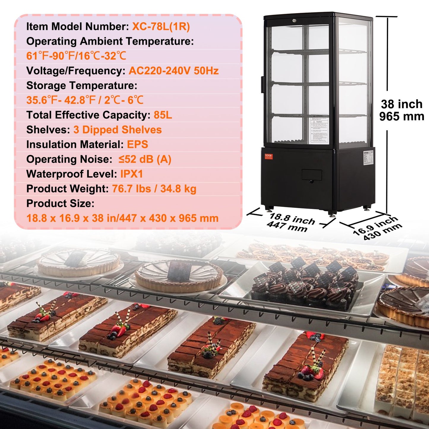 Refrigerated Display Case, 3 Cu.Ft/85L, 3-Tier, Countertop Pastry Display Case Commercial Display Refrigerator with LED Lighting, TURBO Cooling, Frost-Free Air-Cooling, Locked Door for Bakery