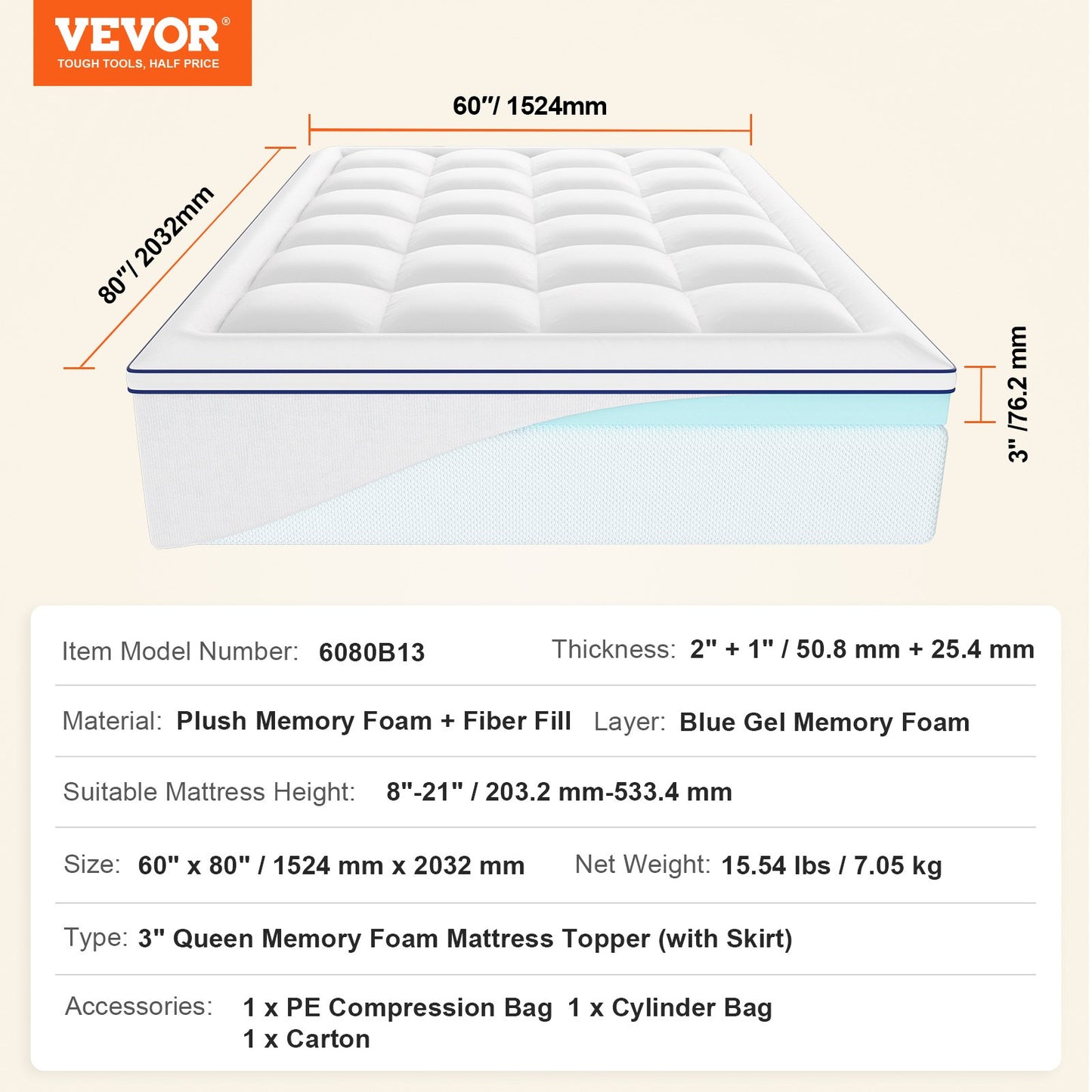 Mattress Topper Premium Memory Foam Fiber Fill Queen 76.2 mm Thickness 1524x2032x76,2 mm