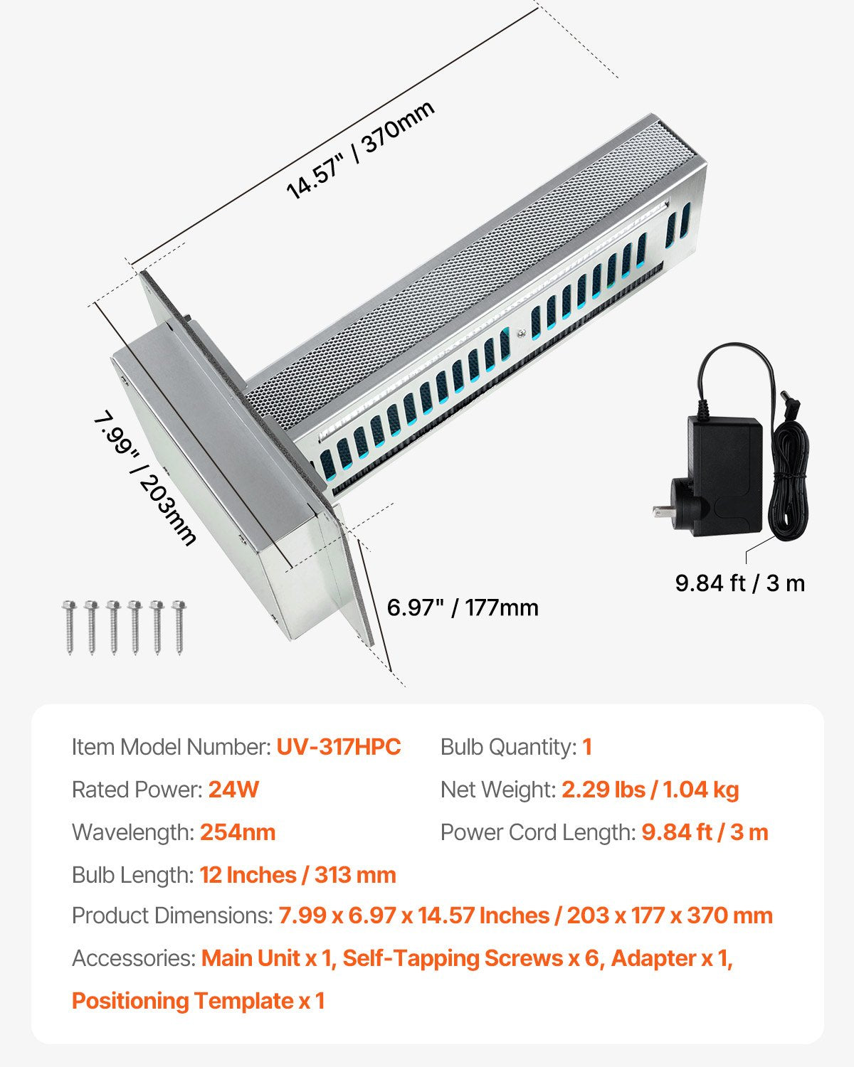 HVAC-luftrenare för hela huset, 24W 12 tum, kanalbelysning för AC (luftkonditionering), luftskrubber med 2 glödlampor, PCO-teknik och kolfiltrering. HVAC-lampor för AC-system