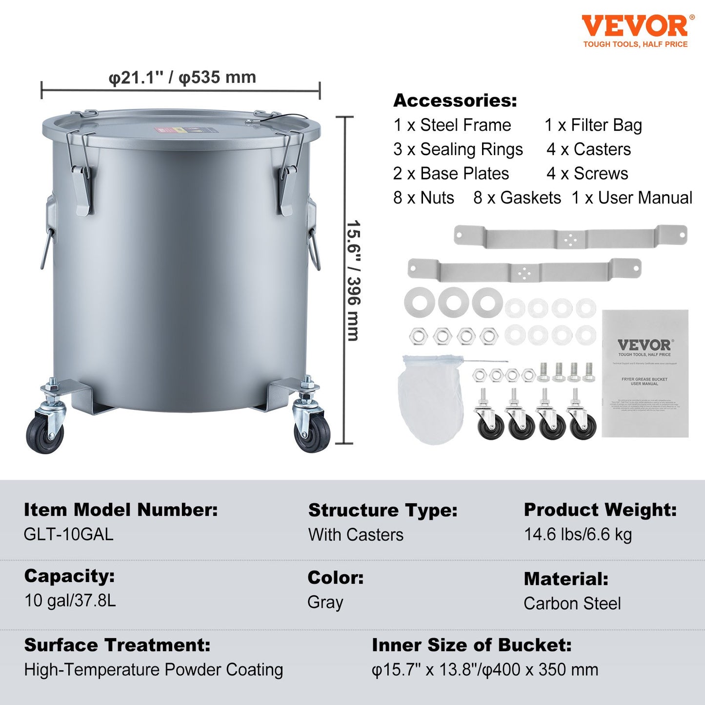 Fryer Grease Bucket, 10 Gal Oil Disposal Caddy with Caster Base, Carbon Steel Rust-Proof Coating, Oil Transport Container with Lid, Lock Clips, Filter Bag for Hot Cooking Oil Filtering, Gray