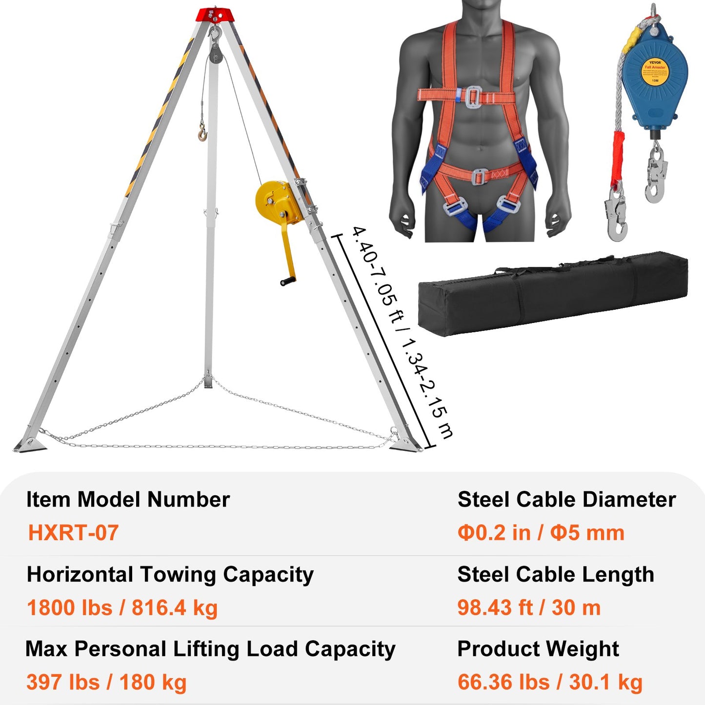 Confined Space Tripod Kit, 816.4 kg Winch, Confined Space Tripod 2.13 m Legs and 30 m Cable, Confined Space Rescue Tripod 10 m Fall Protection, Harness, Storage Bag for Traditional Confined Spaces