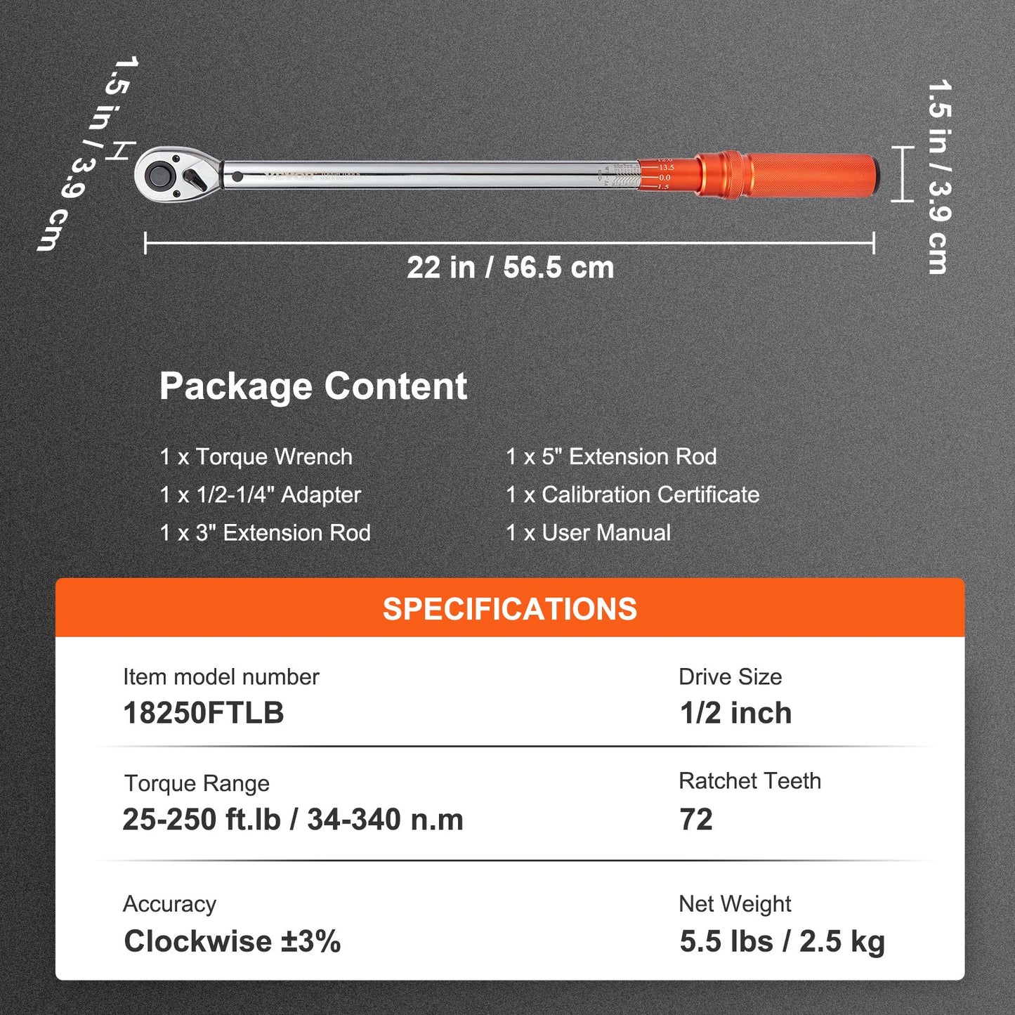 Momentnyckel, 1,3 cm Drive Click Momentnyckel 20-250ft.lb/34-340nm, Justerbar momentnyckelsats i två riktningar, Mekaniska momentnyckelsatser med dubbla skalor och adaptrar, förlängningsstång