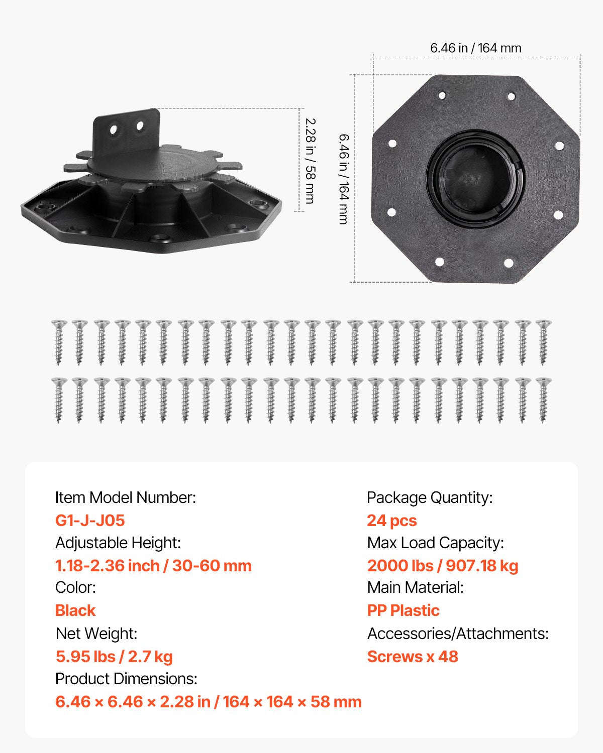 Däckblock 24 st, 907,18 kg lastkapacitet, däckstöd, plastpiedestal, höjning 30-60 mm, höjdjusterbar bodfundament för trä, betong, metall