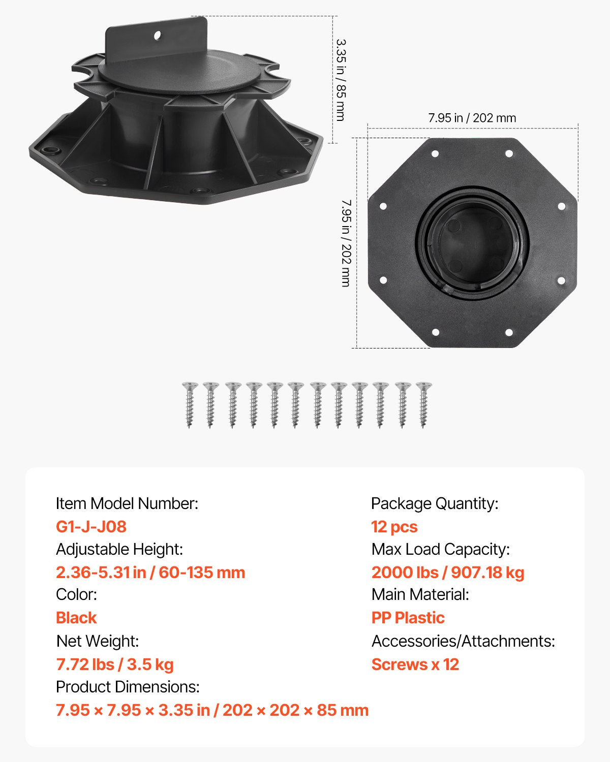 Däckblock 12 st, 907,18 kg lastkapacitet, däckstöd, plastpiedestal, höjbar 60-135 mm, höjdjusterbar bodfundament för trä, betong, metall