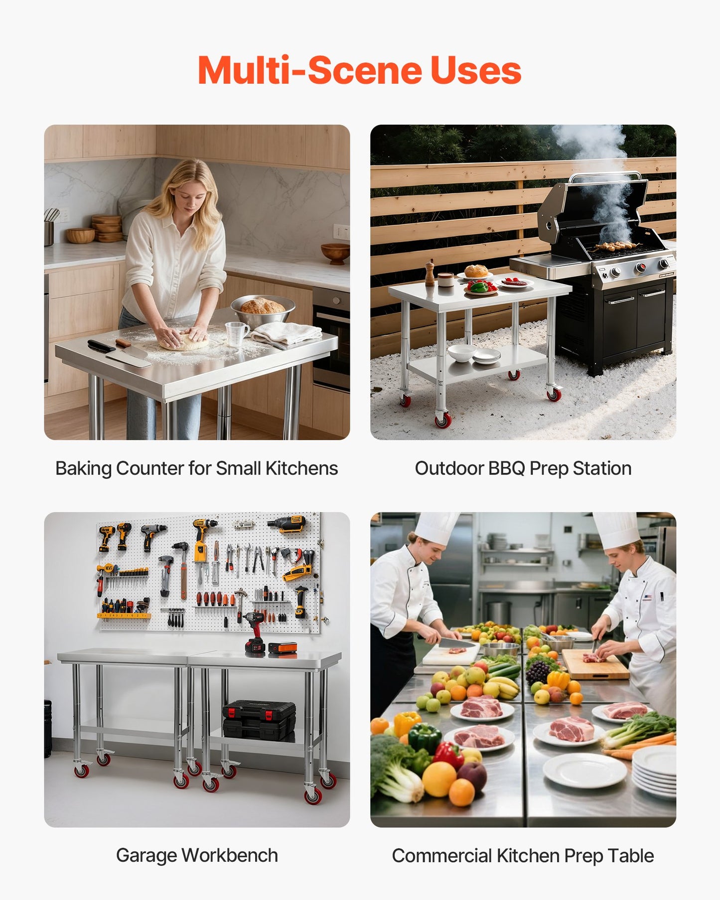 Bord i rostfritt stål, 60 x 90 cm arbetsbord för matlagning med hjul, köksbord med justerbara arbetsplatser under hyllplan för storkök, restaurang, hotell och garage, utomhus