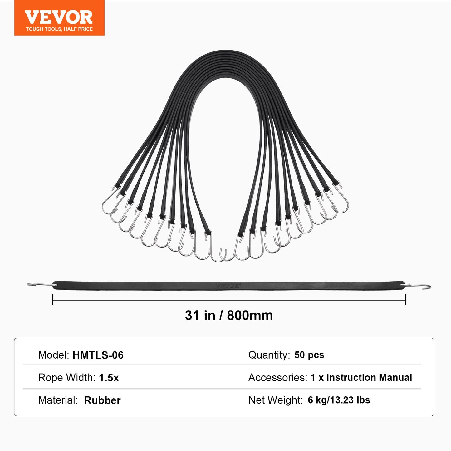 50 Piece Flat Bungee Cord, 19.8 mm Heavy Duty Bungee Straps with Steel S-Hooks, 31" Elastic Bungee Rope for Cargo, Tarps, Trucks and Tent, Black