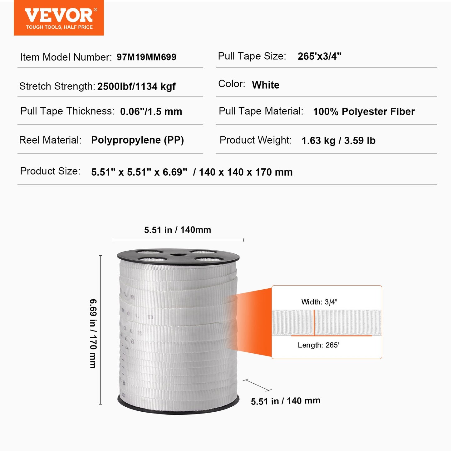Polyester Pull Tape, 3/4" x 265' Mule Tape Flat Rope, 2500 lbf Tensile Capacity, Printed Webbing Cable Pulling Tape for Packaging, Gardening, Commercial Electrical, Conduit Work, White