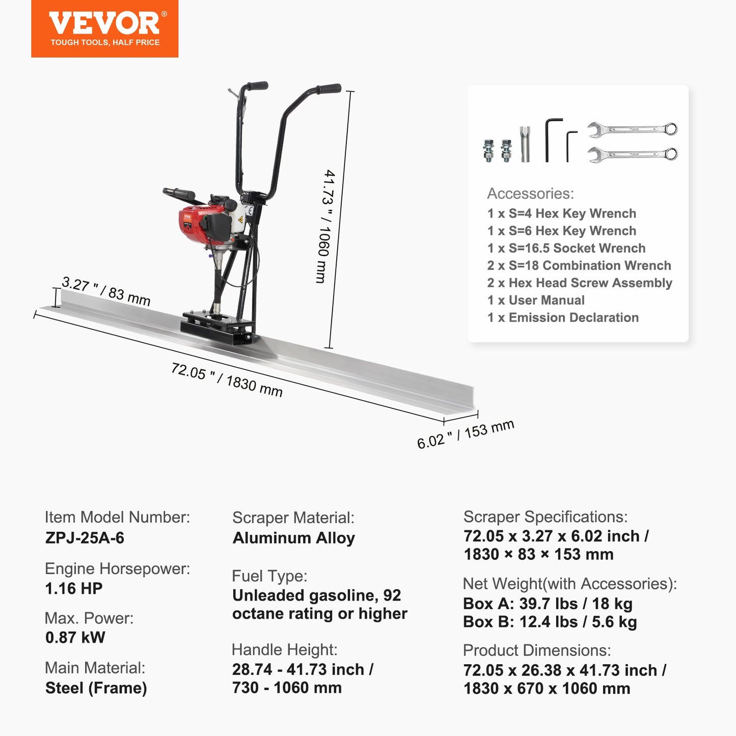 Gas Concrete Power Screed, with 1830mm Aluminum Board Straight Edge Bar Set, 4 Stroke Cement Finishing Vibrating Motor with Height Adjustable Handles, High Efficient Concrete Tools 6500RPM